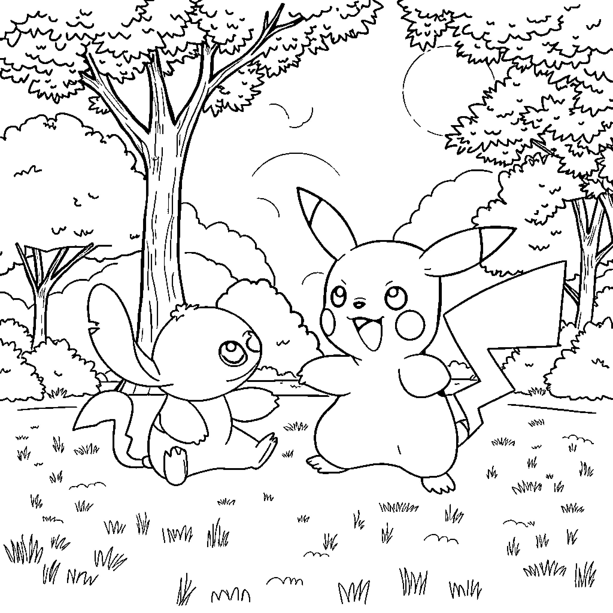Pikachu and Charmander playing in the forest Coloring Page (free black-and-white line drawing printable PDF for all, from beginners to advanced learners, including children, teens, adults, and seniors)