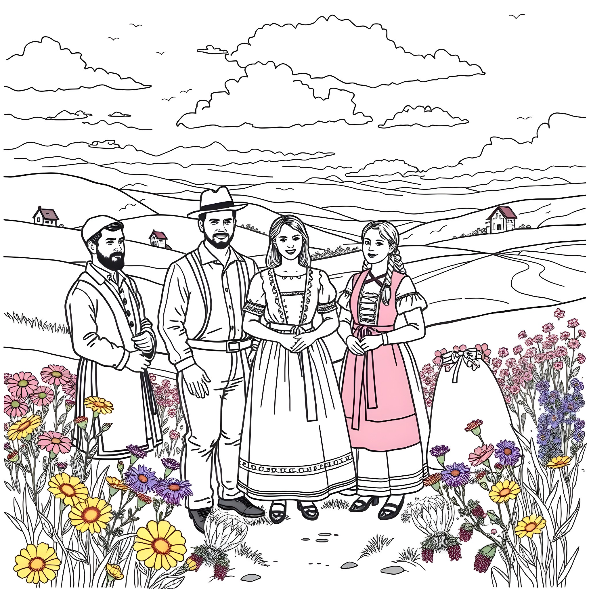 Danish Clothing: Traditional Folk Costumes in a Scenic Landscape Coloring Page (free black-and-white line drawing printable PDF for all, from beginners to advanced learners, including children, teens, adults, and seniors)