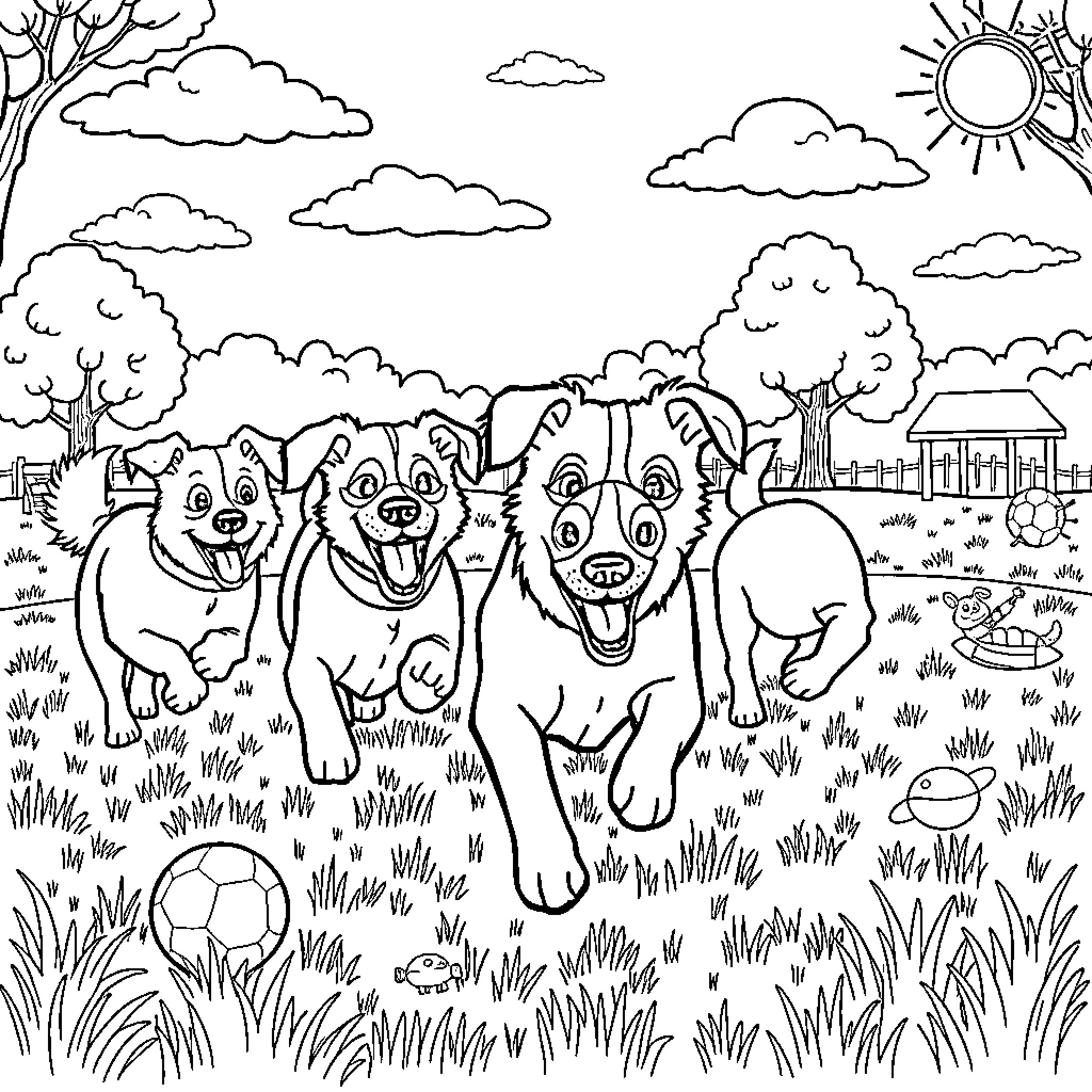 Dogs playing joyfully in the park Coloring Page (free black-and-white line drawing printable PDF for all, from beginners to advanced learners, including children, teens, adults, and seniors)