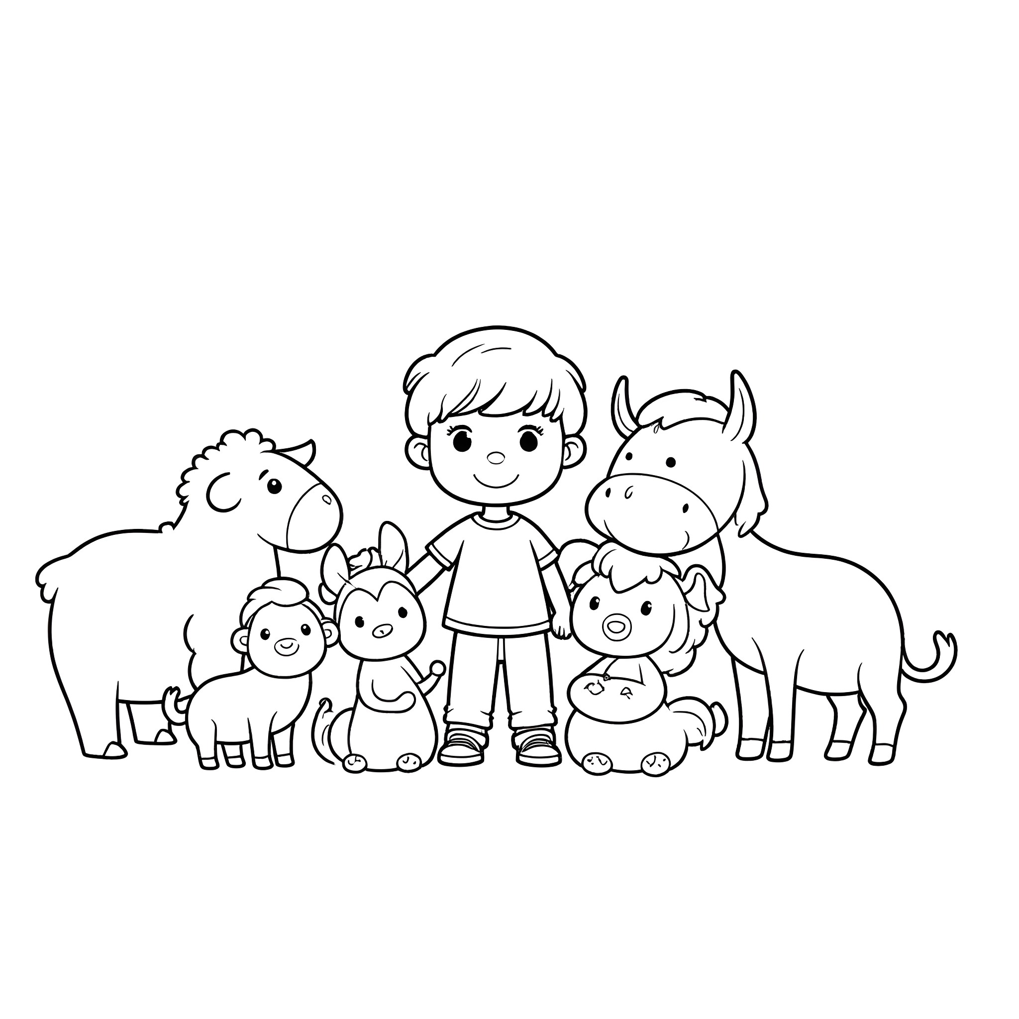 Farm Animal Friends: Boy with Cute Cartoon Pets Coloring Page (free black-and-white line drawing printable PDF for all, from beginners to advanced learners, including children, teens, adults, and seniors)