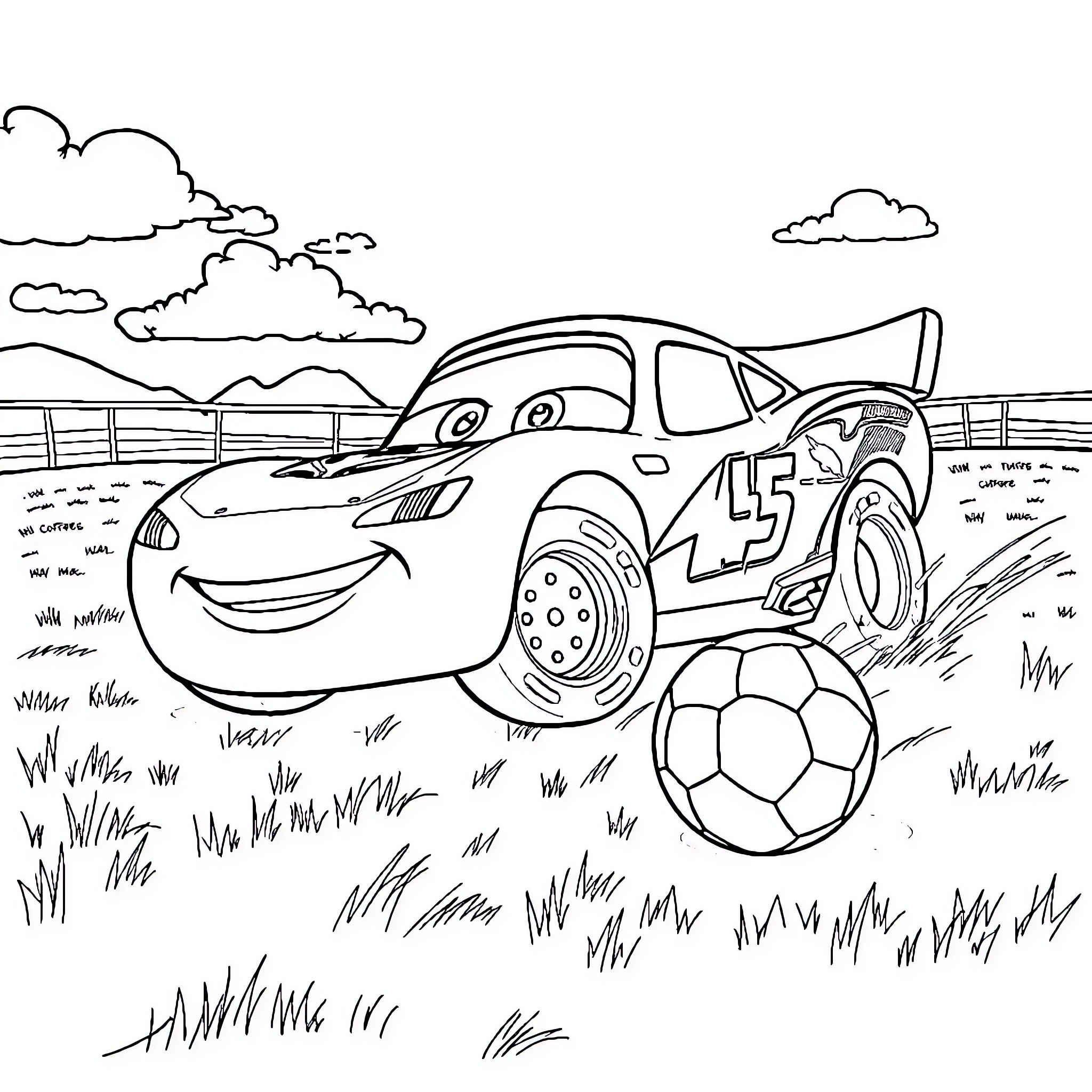 Lightning McQueen playing with soccer ball in the field Coloring Page (free black-and-white line drawing printable PDF for all, from beginners to advanced learners, including children, teens, adults, and seniors)