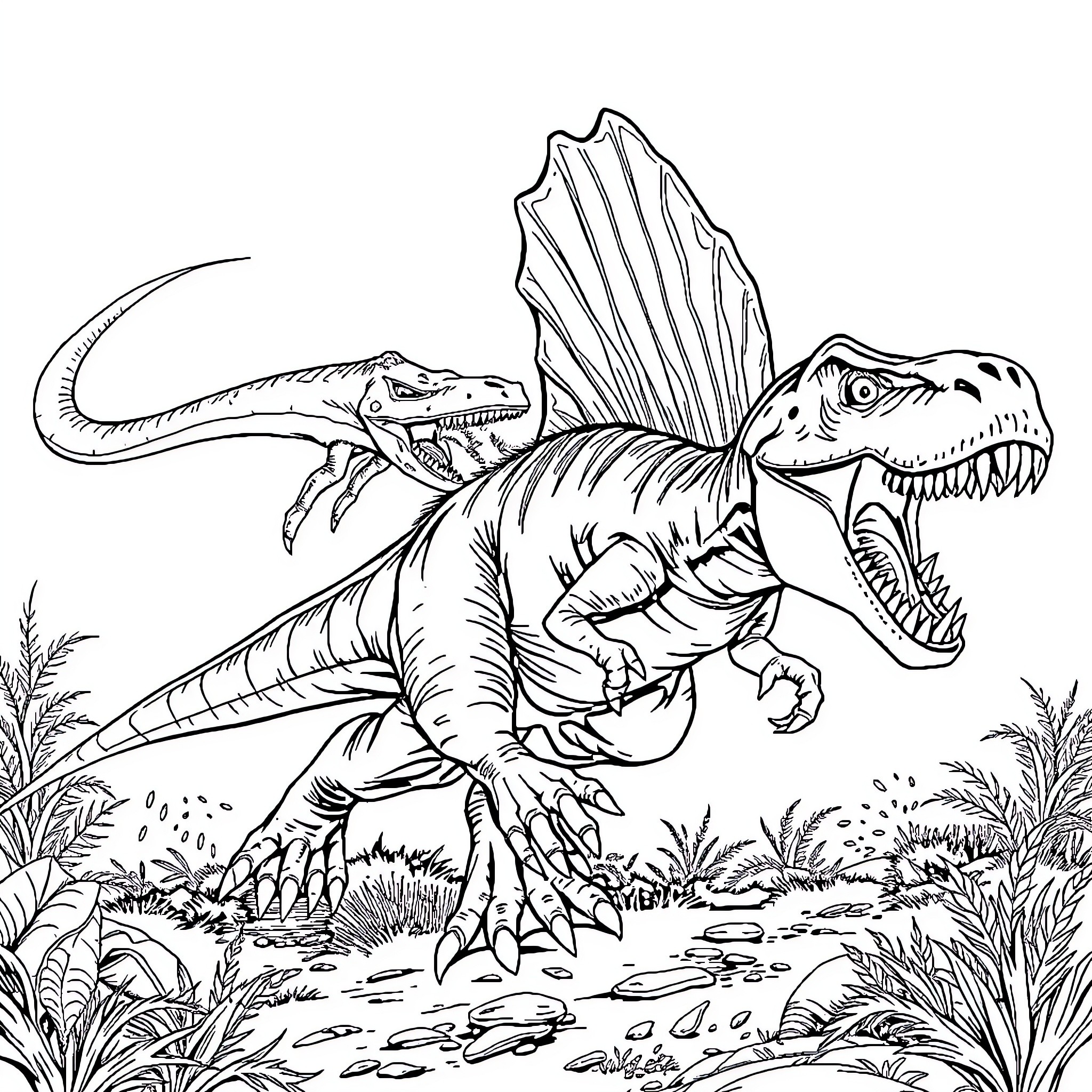 Dinosaur hunting in a prehistoric landscape Coloring Page (free black-and-white line drawing printable PDF for all, from beginners to advanced learners, including children, teens, adults, and seniors)