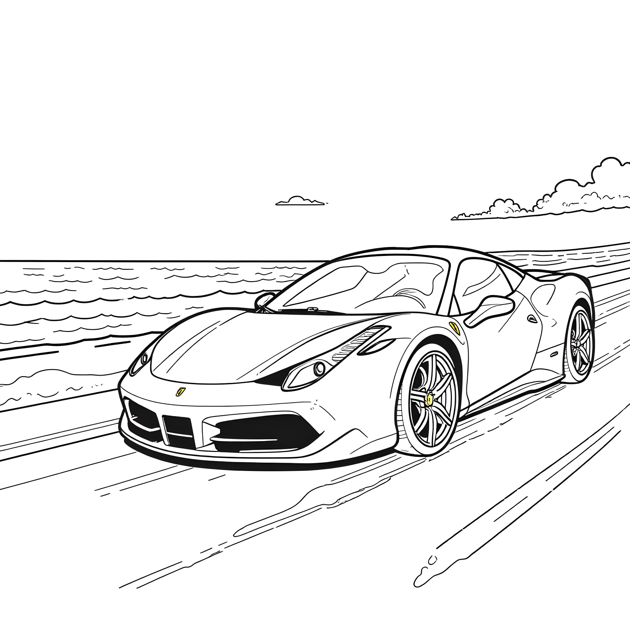 Ferrari racing on coastal road Coloring Page (free black-and-white line drawing printable PDF for all, from beginners to advanced learners, including children, teens, adults, and seniors)