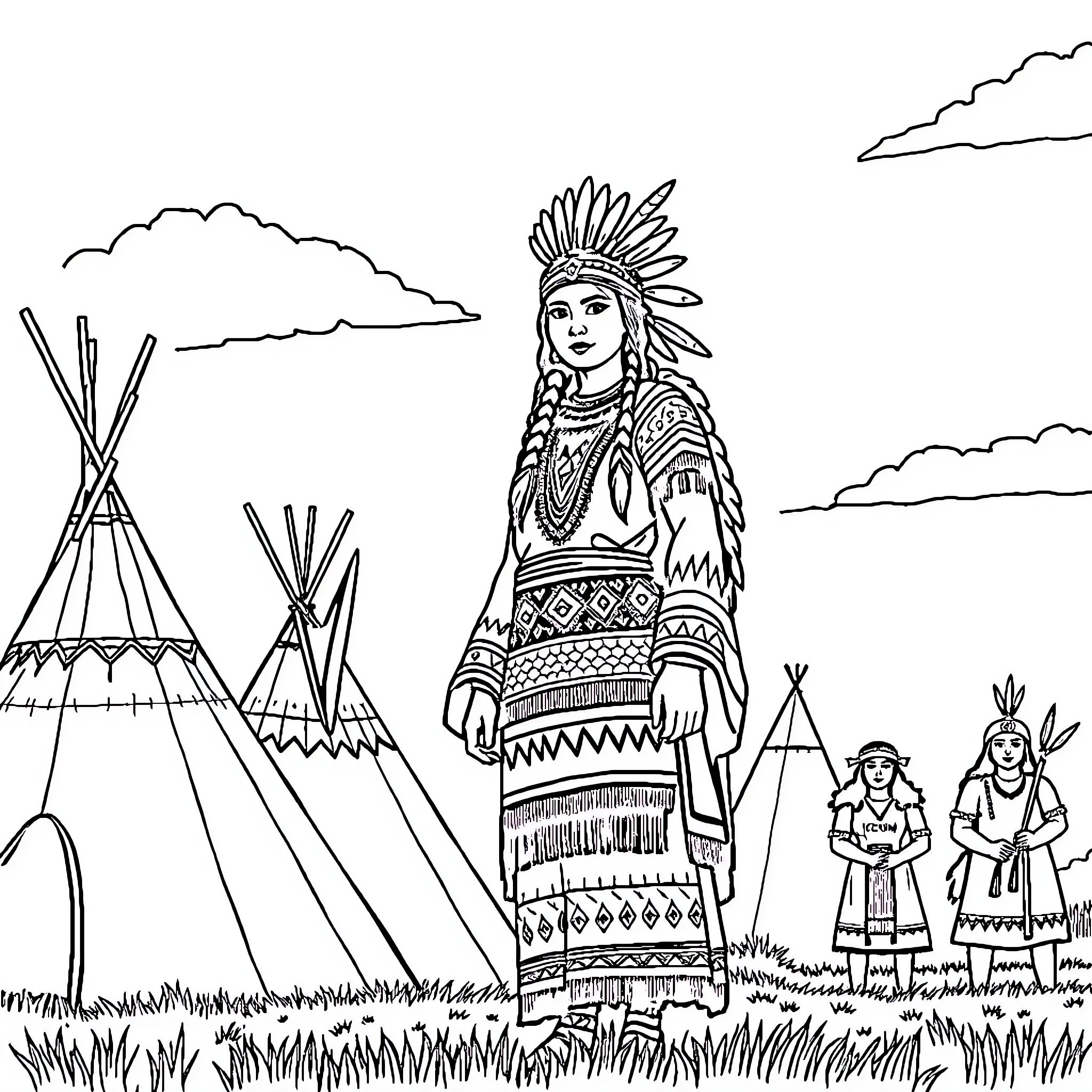 Princess in Tribal Attire at Native Encampment Coloring Page (free black-and-white line drawing printable PDF for all, from beginners to advanced learners, including children, teens, adults, and seniors)