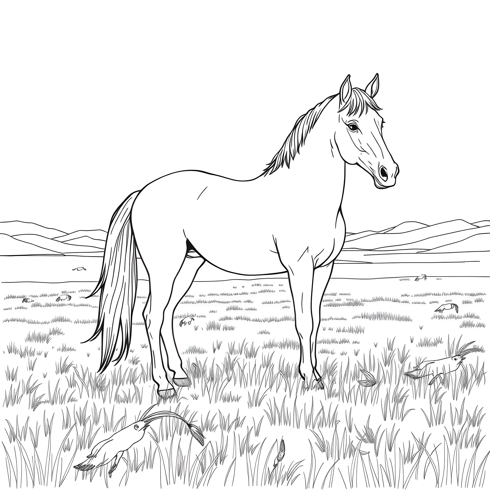 Horse standing peacefully in the meadow Coloring Page (free black-and-white line drawing printable PDF for all, from beginners to advanced learners, including children, teens, adults, and seniors)