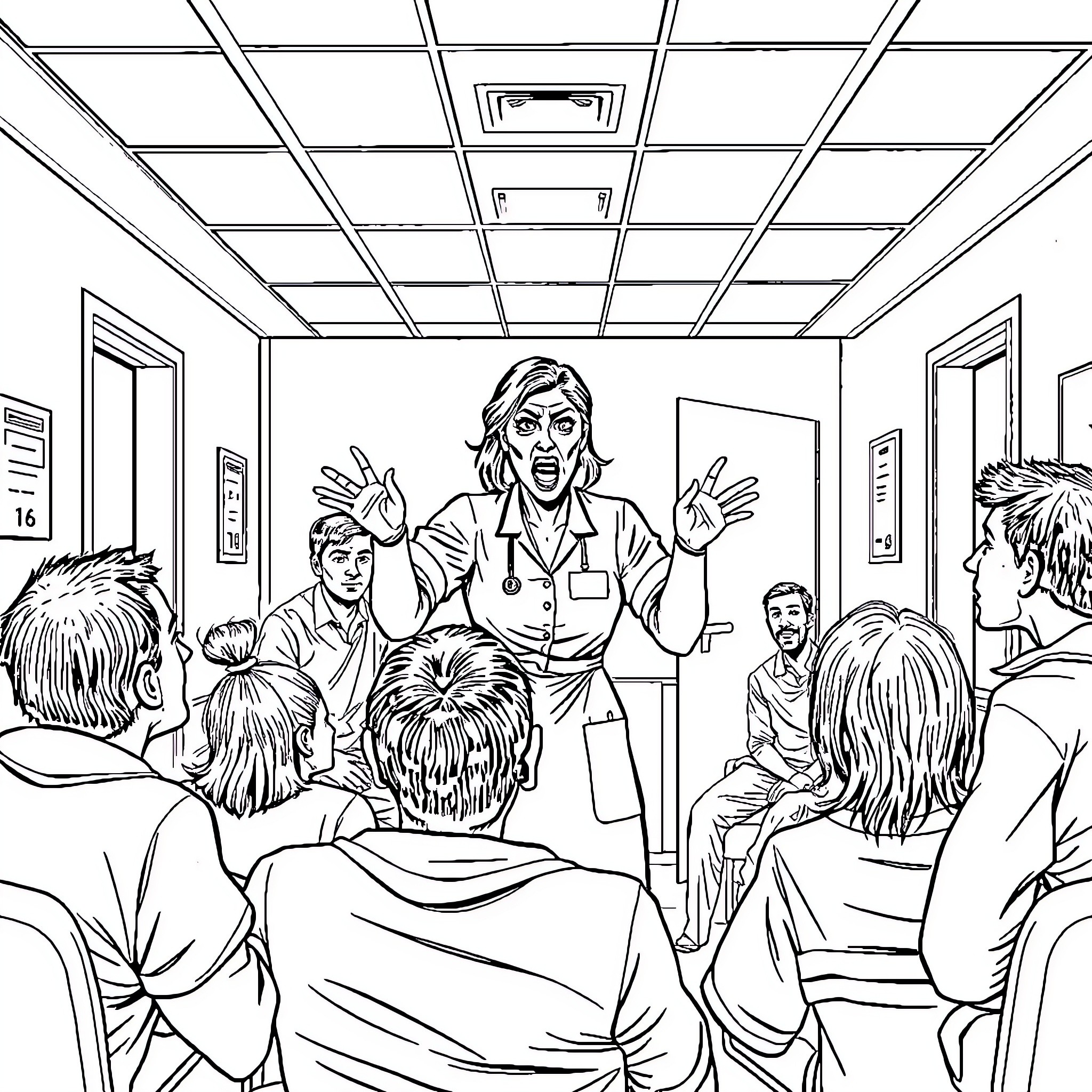 Nurse Engaging Patients in Animated Discussion Coloring Page (free black-and-white line drawing printable PDF for all, from beginners to advanced learners, including children, teens, adults, and seniors)