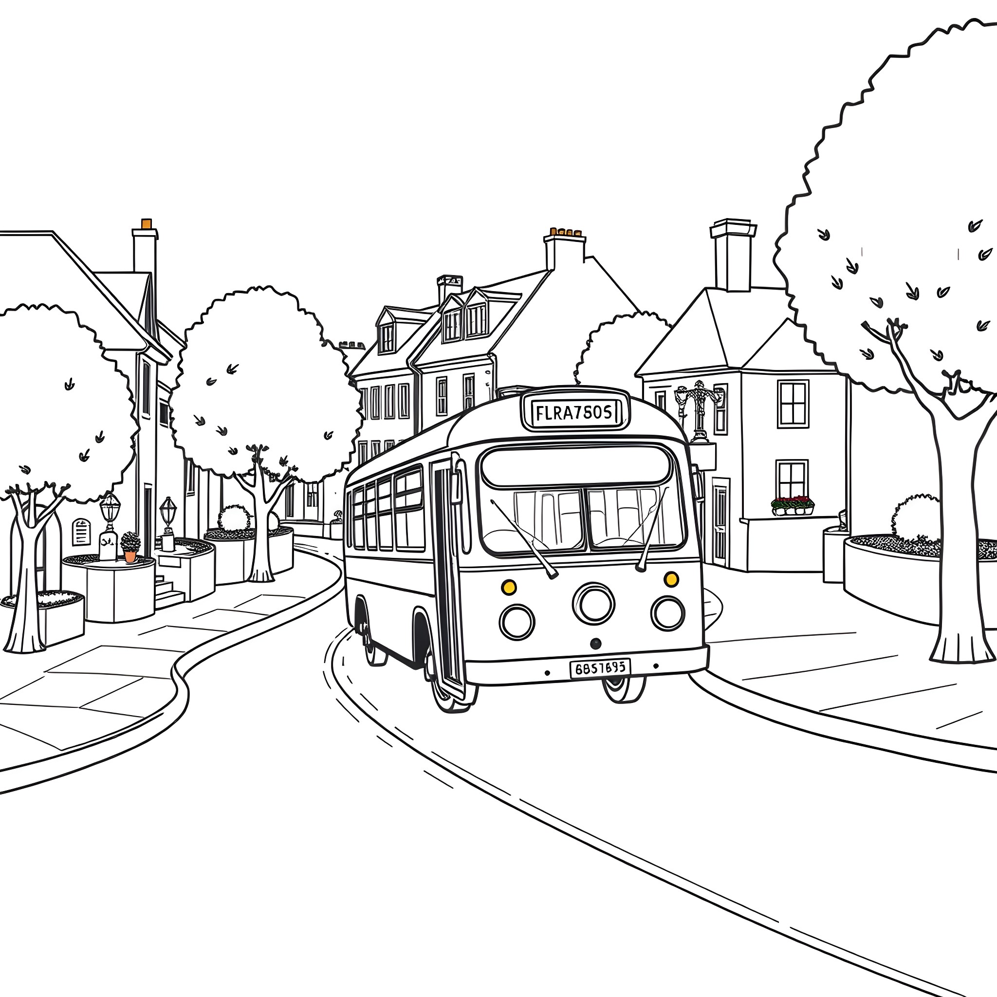 Bus driving through city street with buildings and trees Coloring Page (free black-and-white line drawing printable PDF for all, from beginners to advanced learners, including children, teens, adults, and seniors)