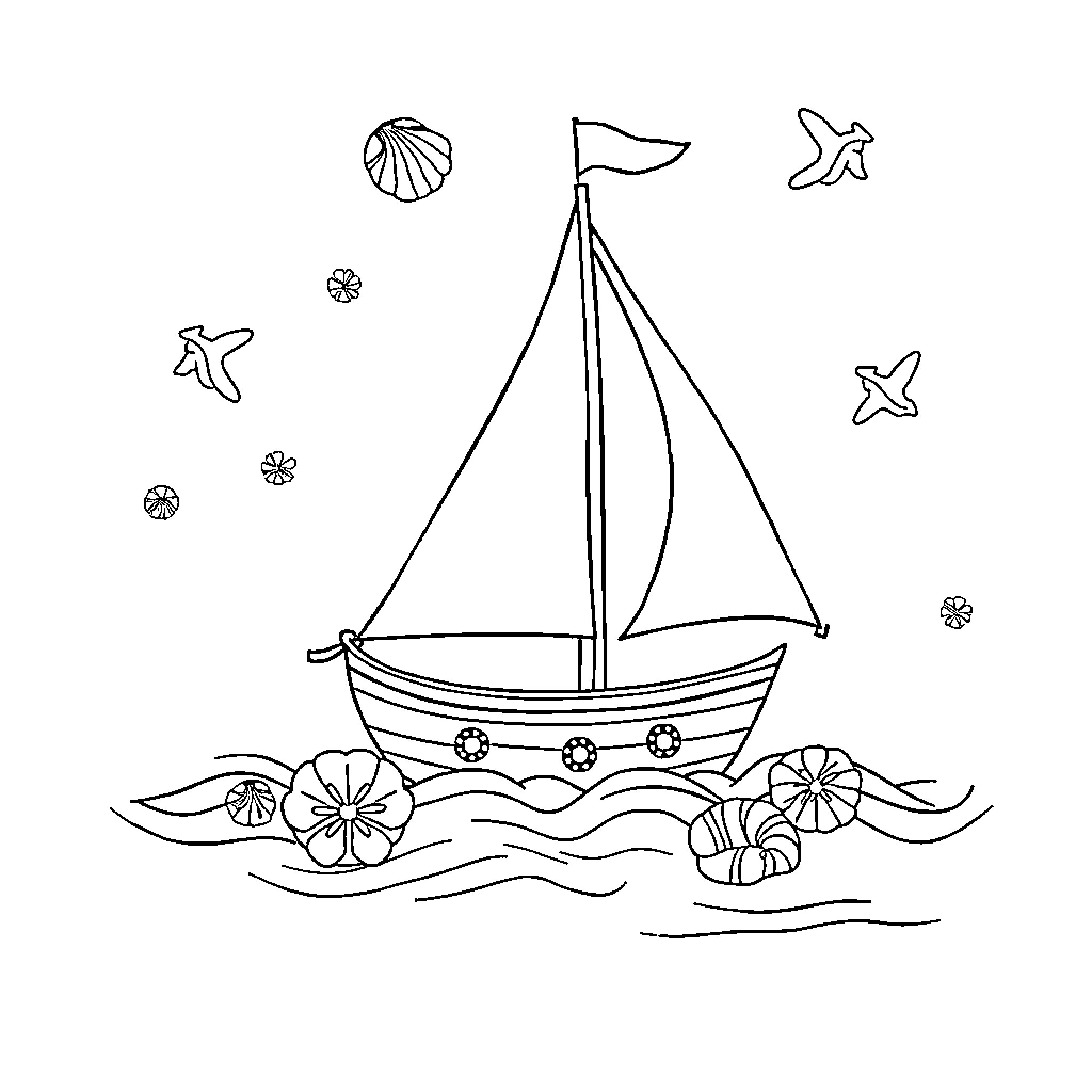 Nautical Sailing Adventures and Seashell Decor Coloring Page (free black-and-white line drawing printable PDF for all, from beginners to advanced learners, including children, teens, adults, and seniors)