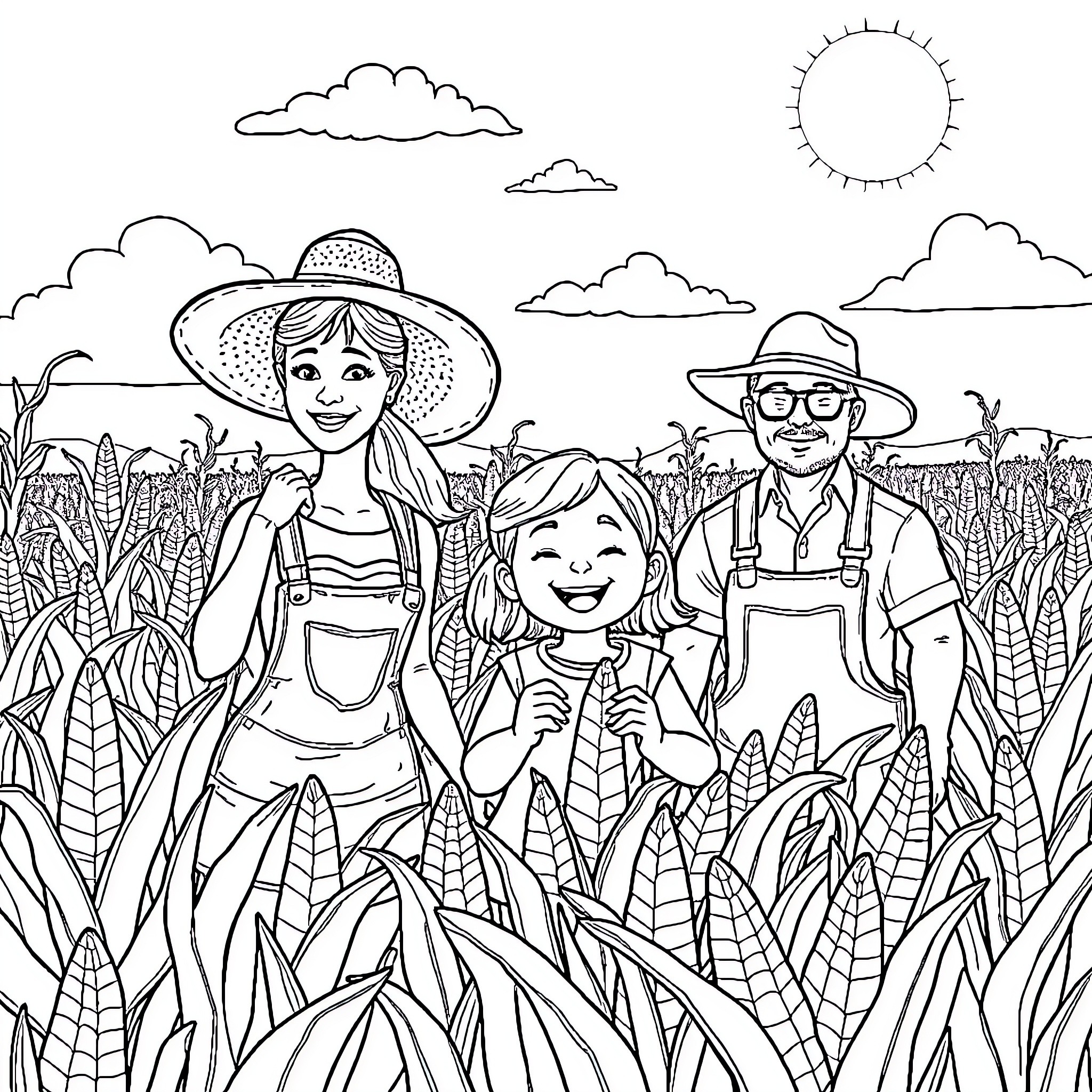 Family Farming Fun in the Countryside Coloring Page (free black-and-white line drawing printable PDF for all, from beginners to advanced learners, including children, teens, adults, and seniors)