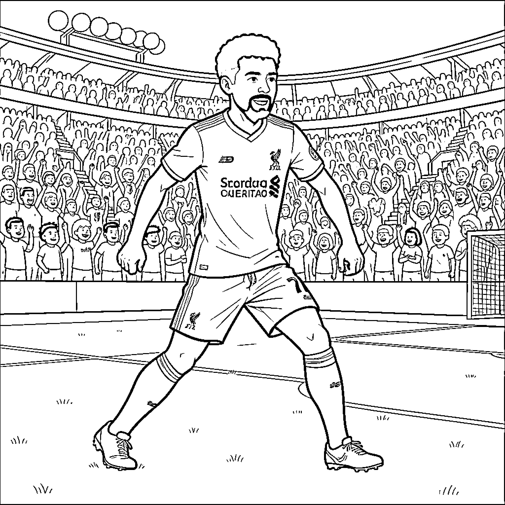 Hugo Ekiteke playing soccer in stadium with fans Coloring Page (free black-and-white line drawing printable PDF for all, from beginners to advanced learners, including children, teens, adults, and seniors)