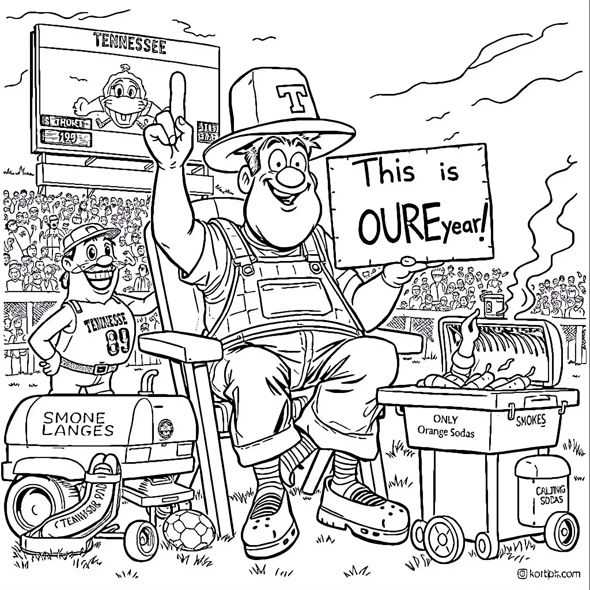 Tennessee Vols Fan celebrates joyfully with cheers and festive attire Coloring Page (free black-and-white line drawing printable PDF for all, from beginners to advanced learners, including children, teens, adults, and seniors)