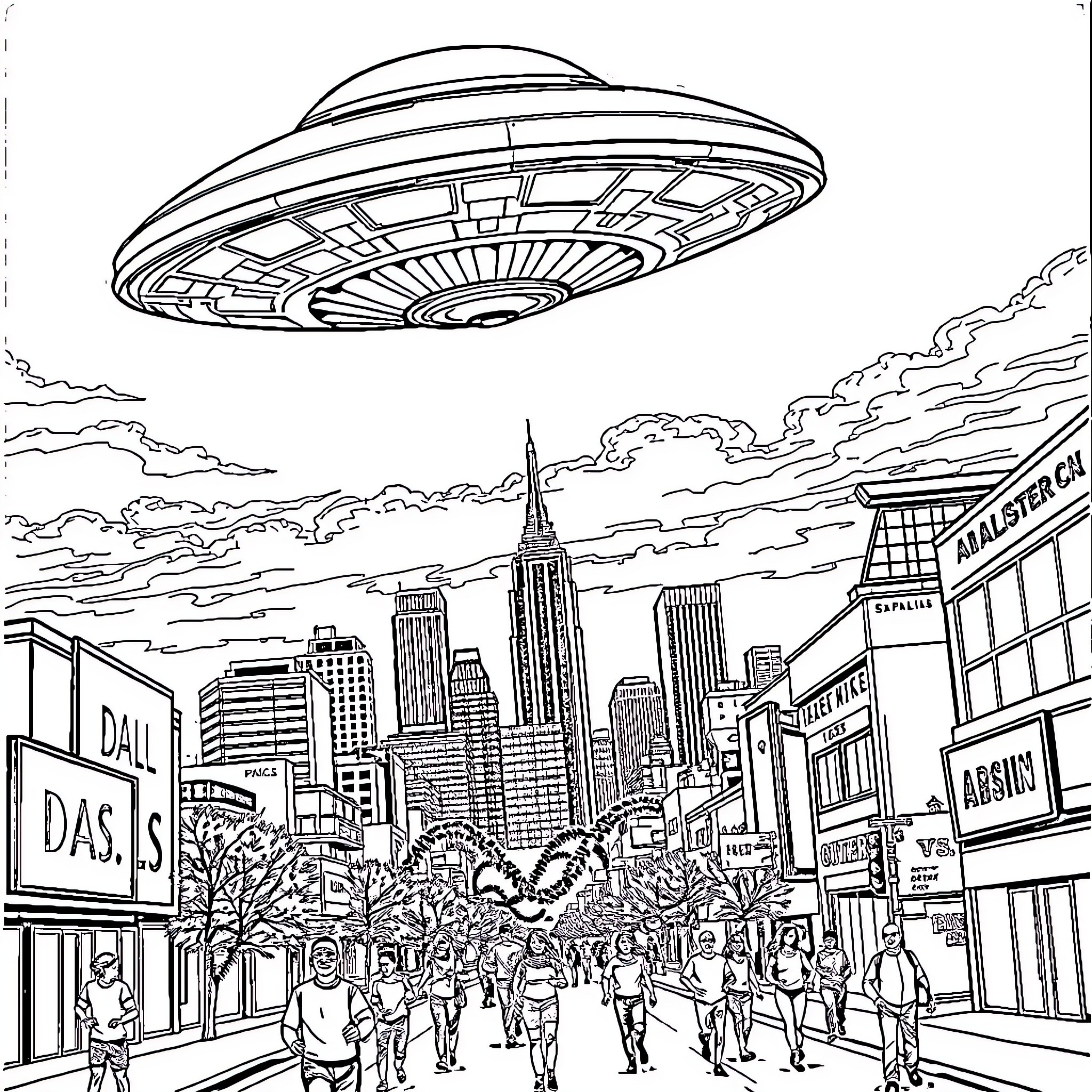 Alien spacecraft hovers over bustling city street Coloring Page (free black-and-white line drawing printable PDF for all, from beginners to advanced learners, including children, teens, adults, and seniors)