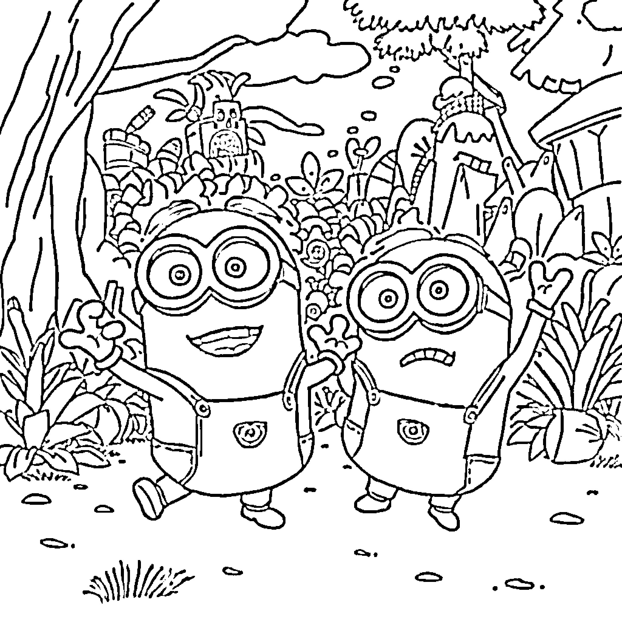 Minions exploring the lush and whimsical jungle Coloring Page (free black-and-white line drawing printable PDF for all, from beginners to advanced learners, including children, teens, adults, and seniors)