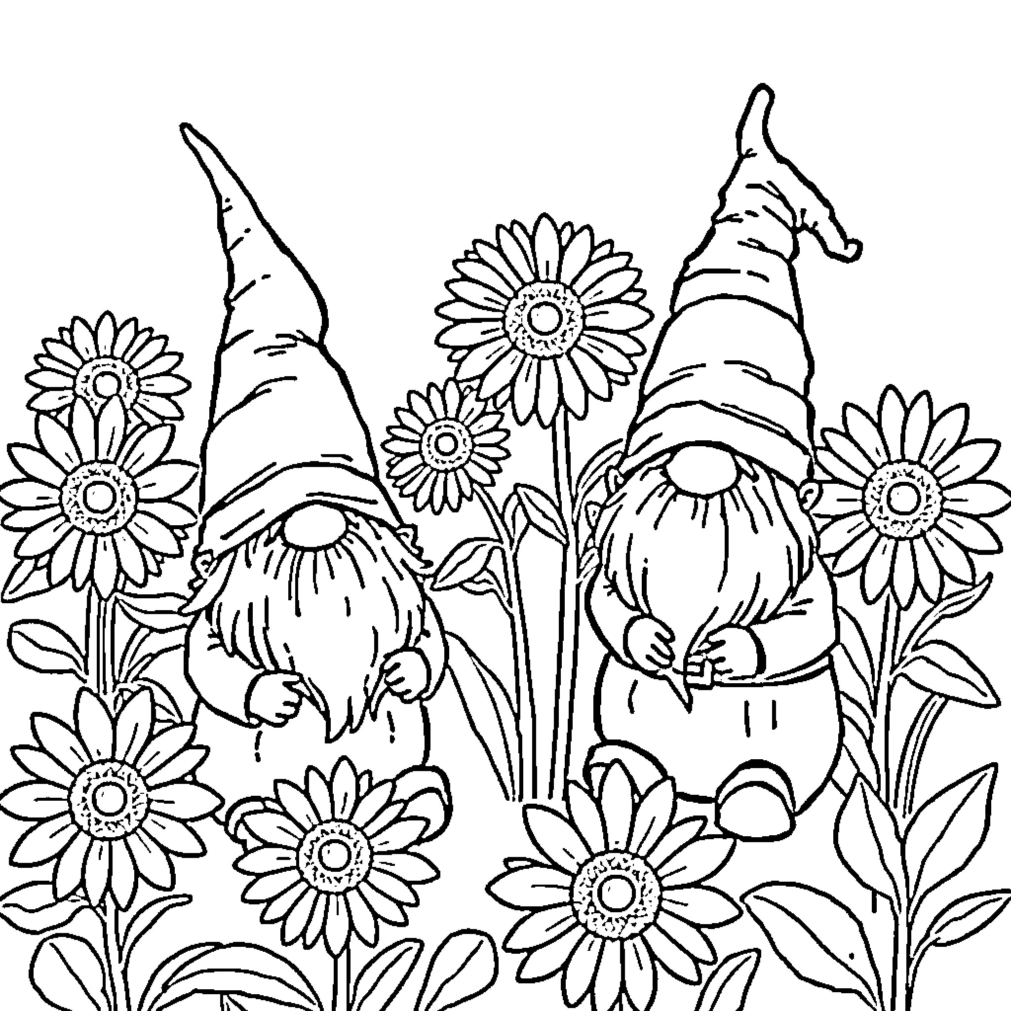 Gnome couple surrounded by cheerful sunflowers Coloring Page (free black-and-white line drawing printable PDF for all, from beginners to advanced learners, including children, teens, adults, and seniors)