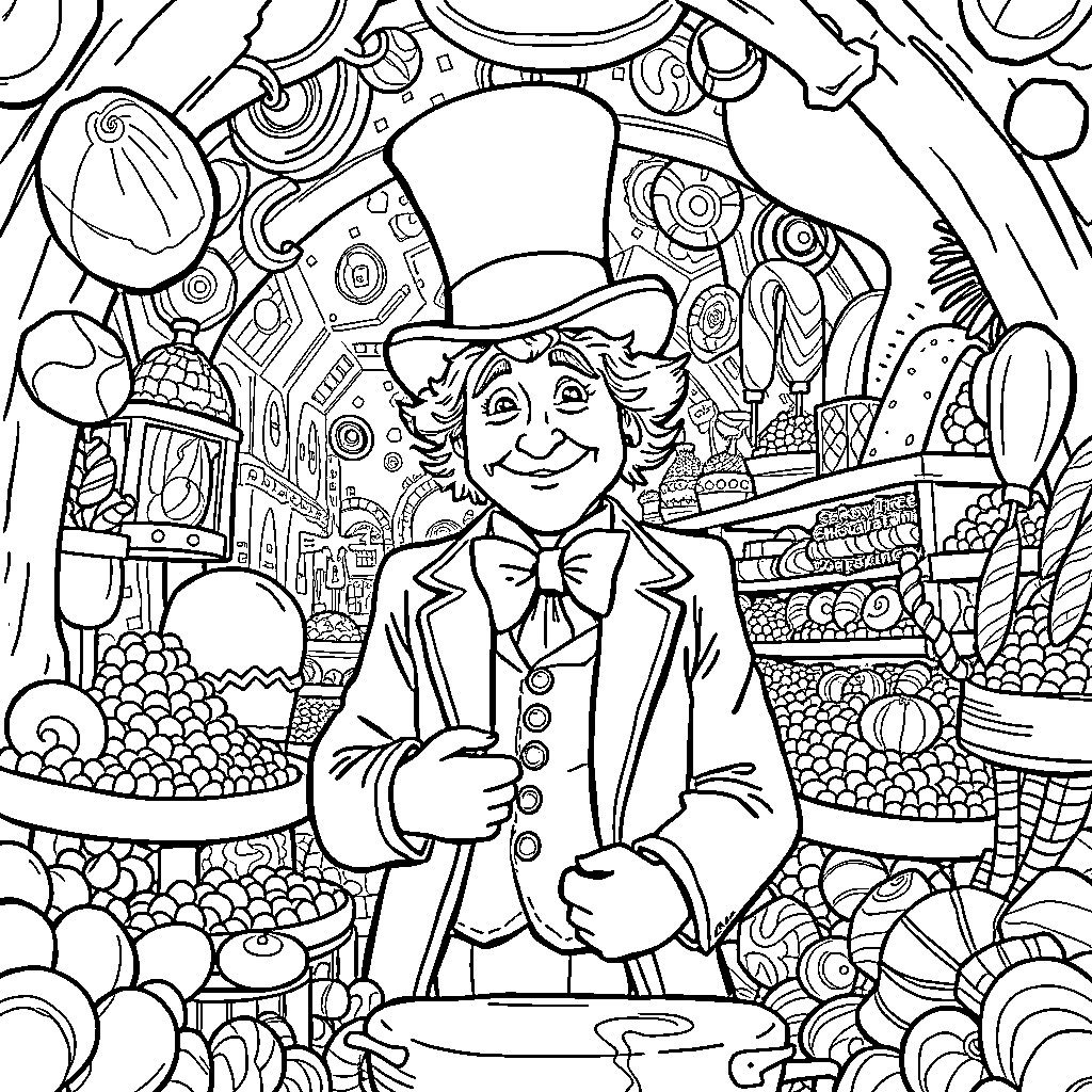 Willy Wonka in his Whimsical Chocolate Factory Coloring Page (free black-and-white line drawing printable PDF for all, from beginners to advanced learners, including children, teens, adults, and seniors)