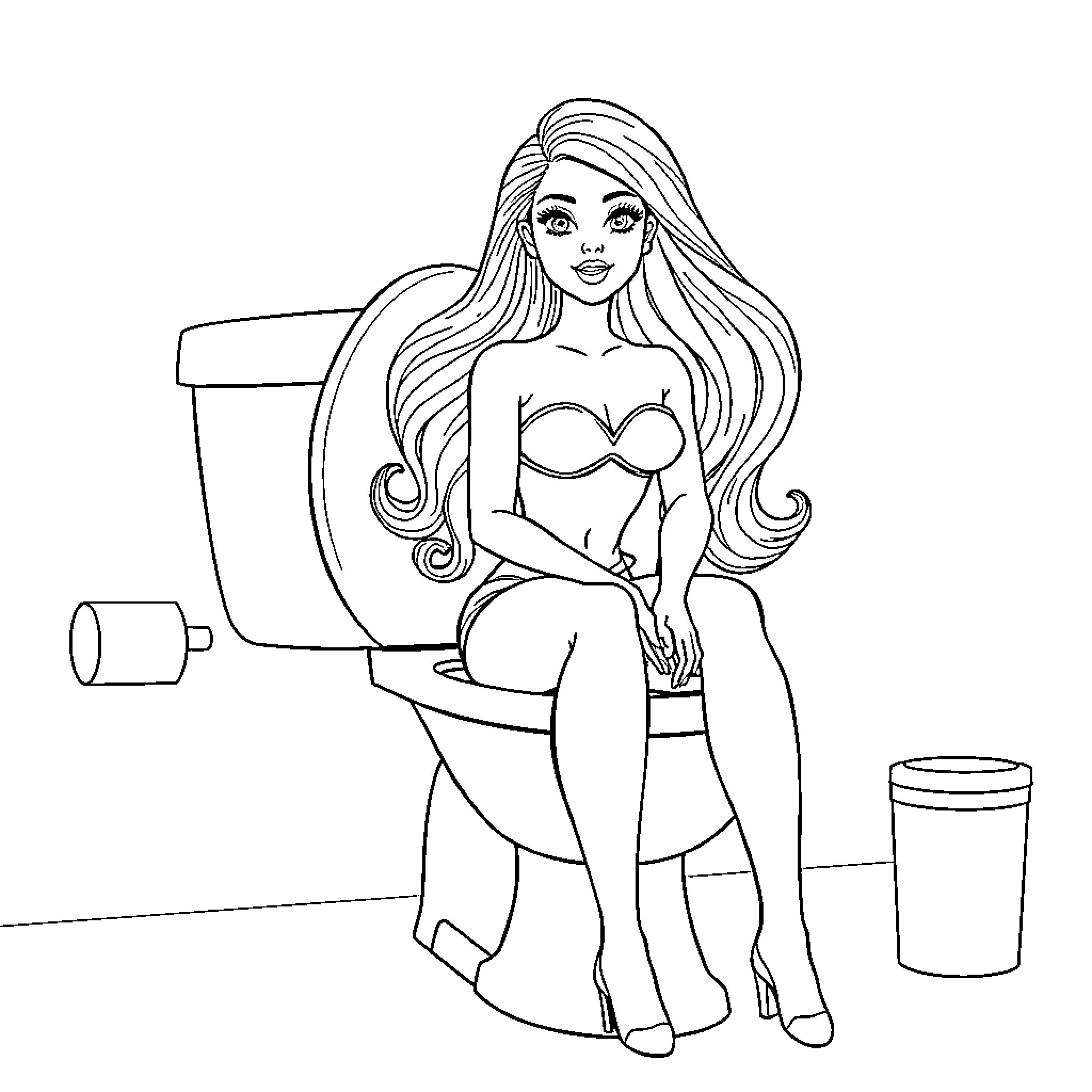 Barbie relaxing in the bathroom Coloring Page (free black-and-white line drawing printable PDF for all, from beginners to advanced learners, including children, teens, adults, and seniors)