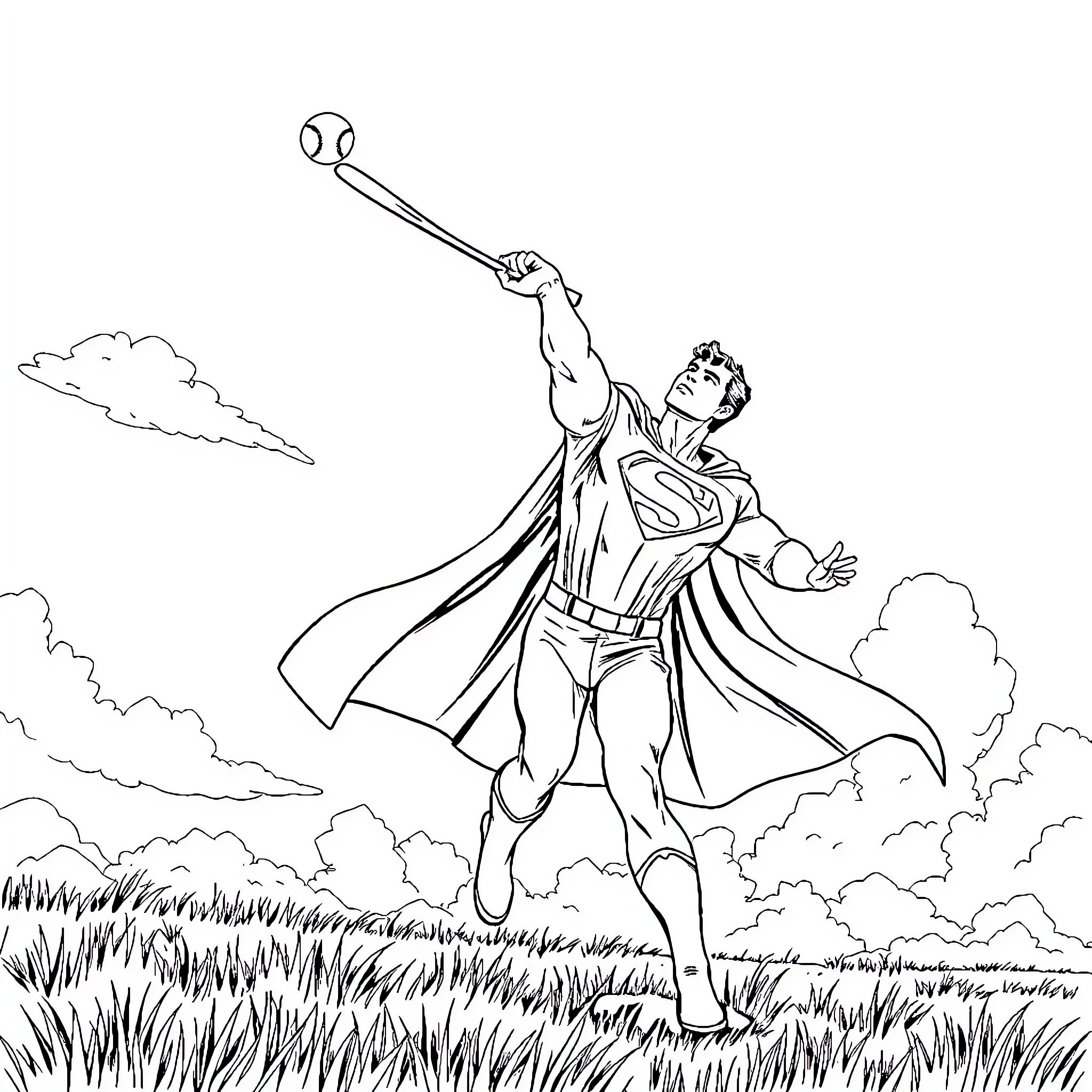 Superman soaring through the clouds with determination Coloring Page (free black-and-white line drawing printable PDF for all, from beginners to advanced learners, including children, teens, adults, and seniors)