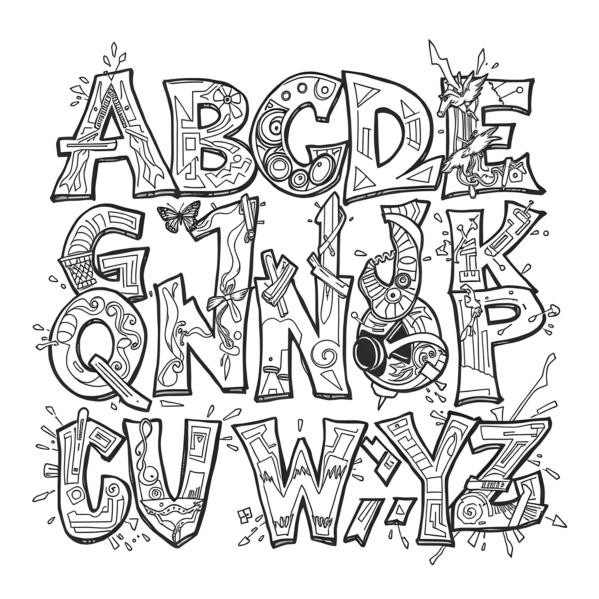 Alphabet Garden of Fun and Fantasy Coloring Page (free black-and-white line drawing printable PDF for all, from beginners to advanced learners, including children, teens, adults, and seniors)