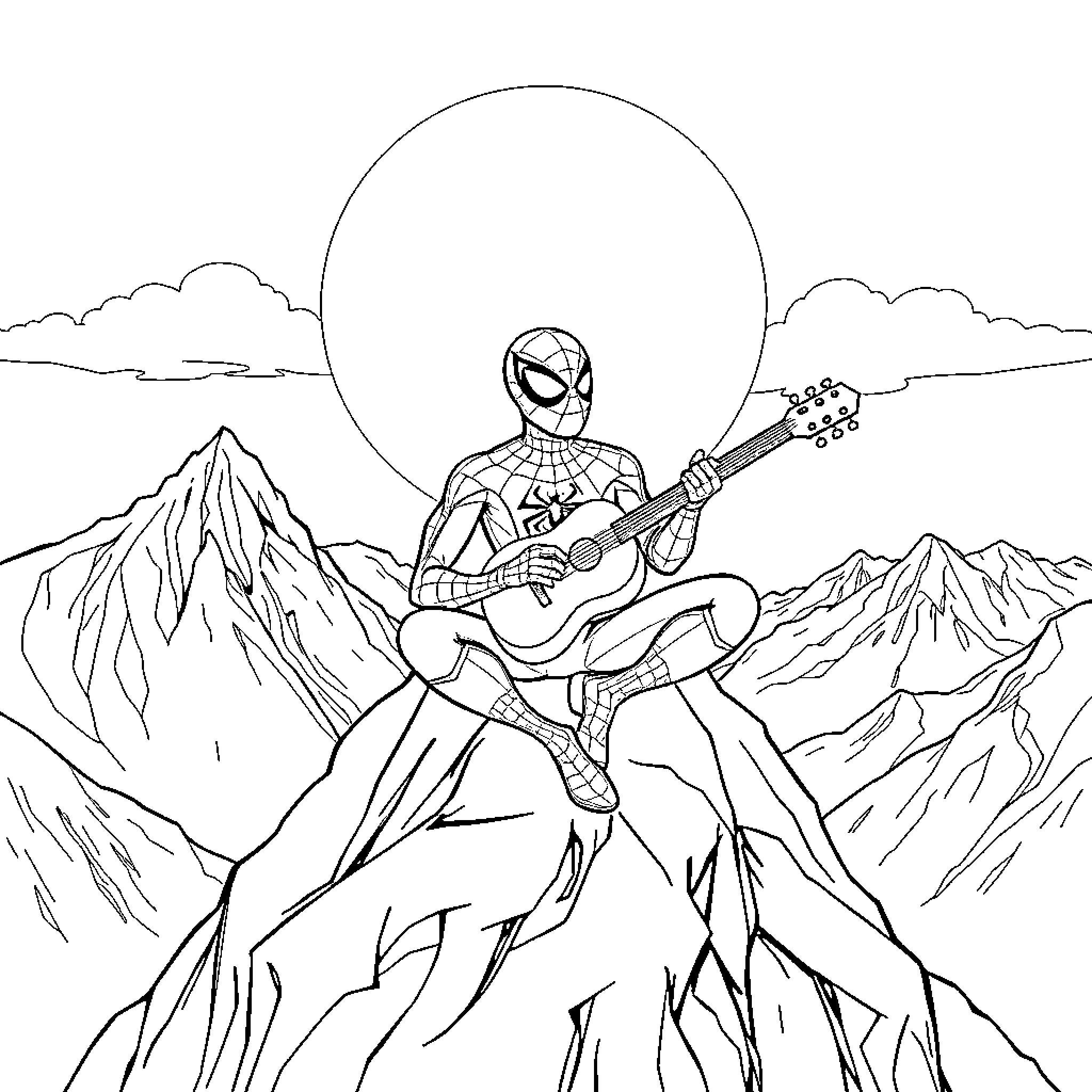Spiderman Serenades Atop Snowy Peaks Coloring Page (free black-and-white line drawing printable PDF for all, from beginners to advanced learners, including children, teens, adults, and seniors)