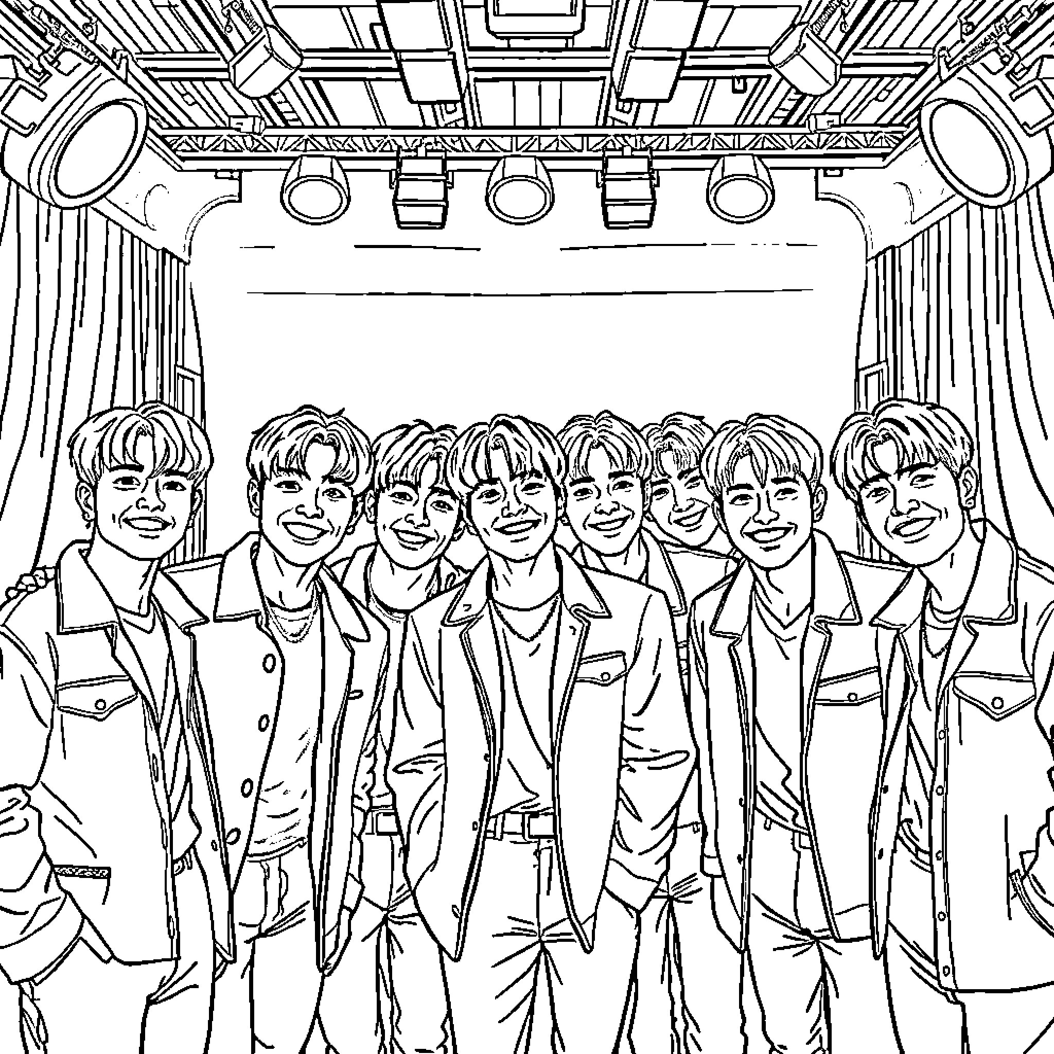BTS Performing on Stage in Sleek Outfits Coloring Page (free black-and-white line drawing printable PDF for all, from beginners to advanced learners, including children, teens, adults, and seniors)