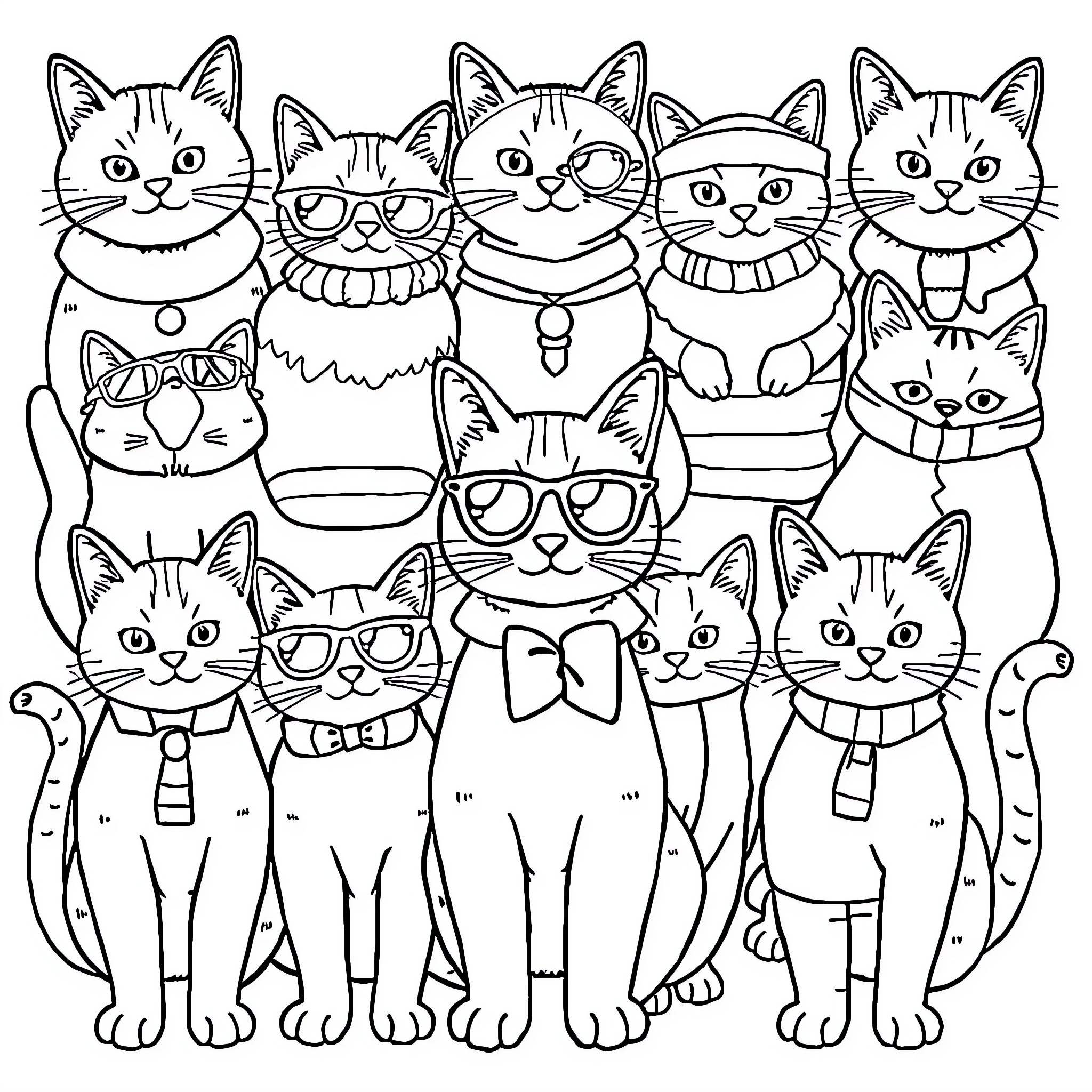 Cats wearing different outfits and accessories Coloring Page (free black-and-white line drawing printable PDF for all, from beginners to advanced learners, including children, teens, adults, and seniors)