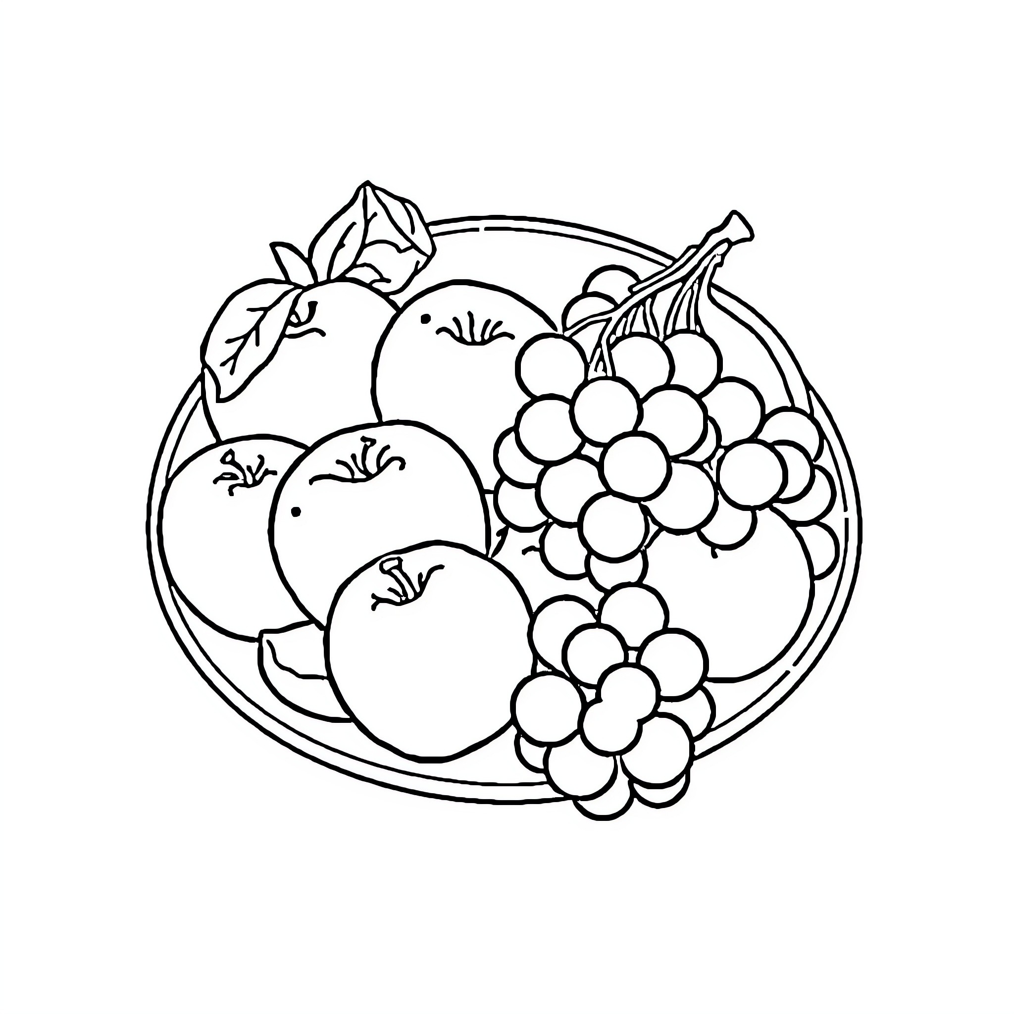 Fruit Bowl with Apples and Grapes Coloring Page (free black-and-white line drawing printable PDF for all, from beginners to advanced learners, including children, teens, adults, and seniors)