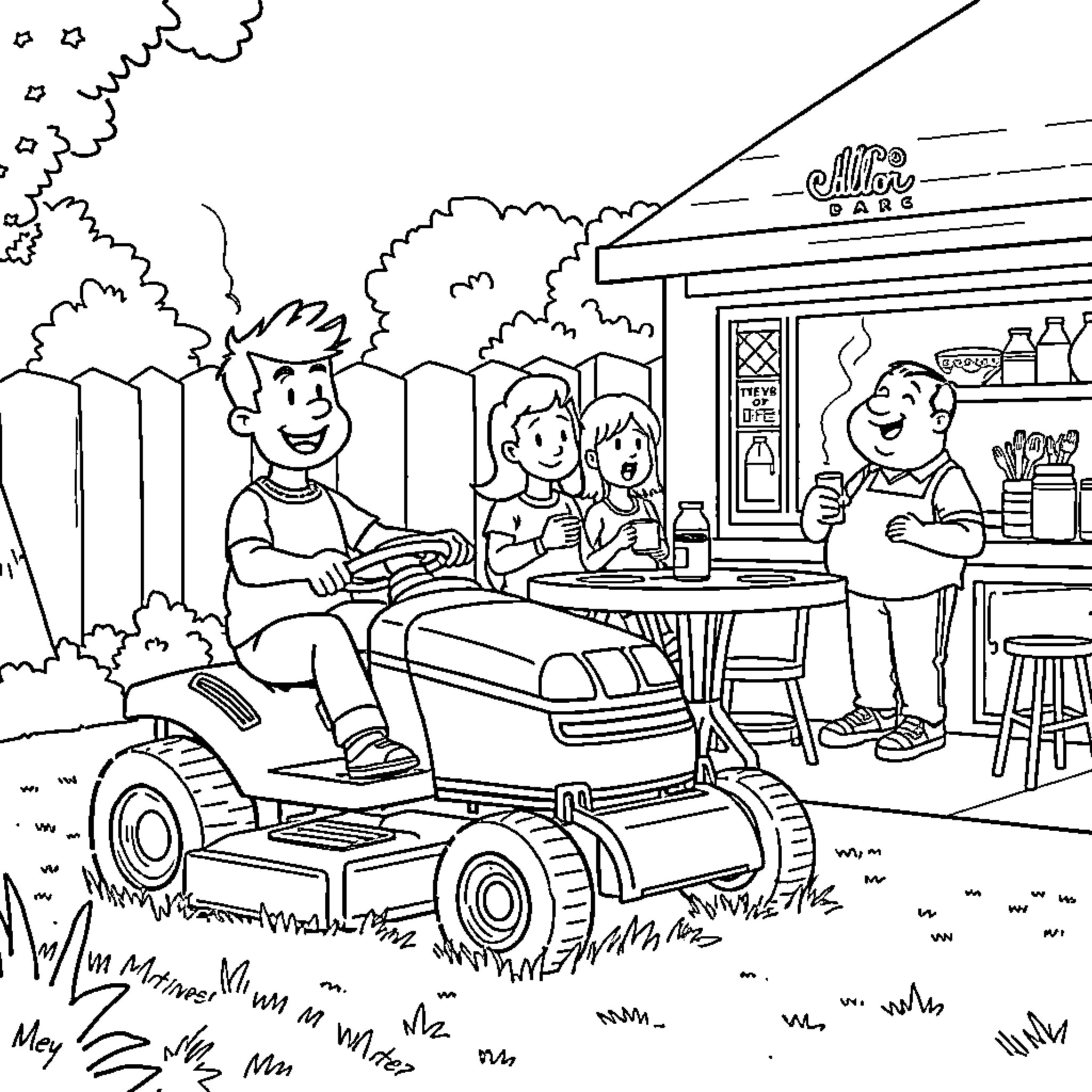 Cartoon Characters Enjoying Outdoor Picnic and Lawnmower Ride Coloring Page (free black-and-white line drawing printable PDF for all, from beginners to advanced learners, including children, teens, adults, and seniors)