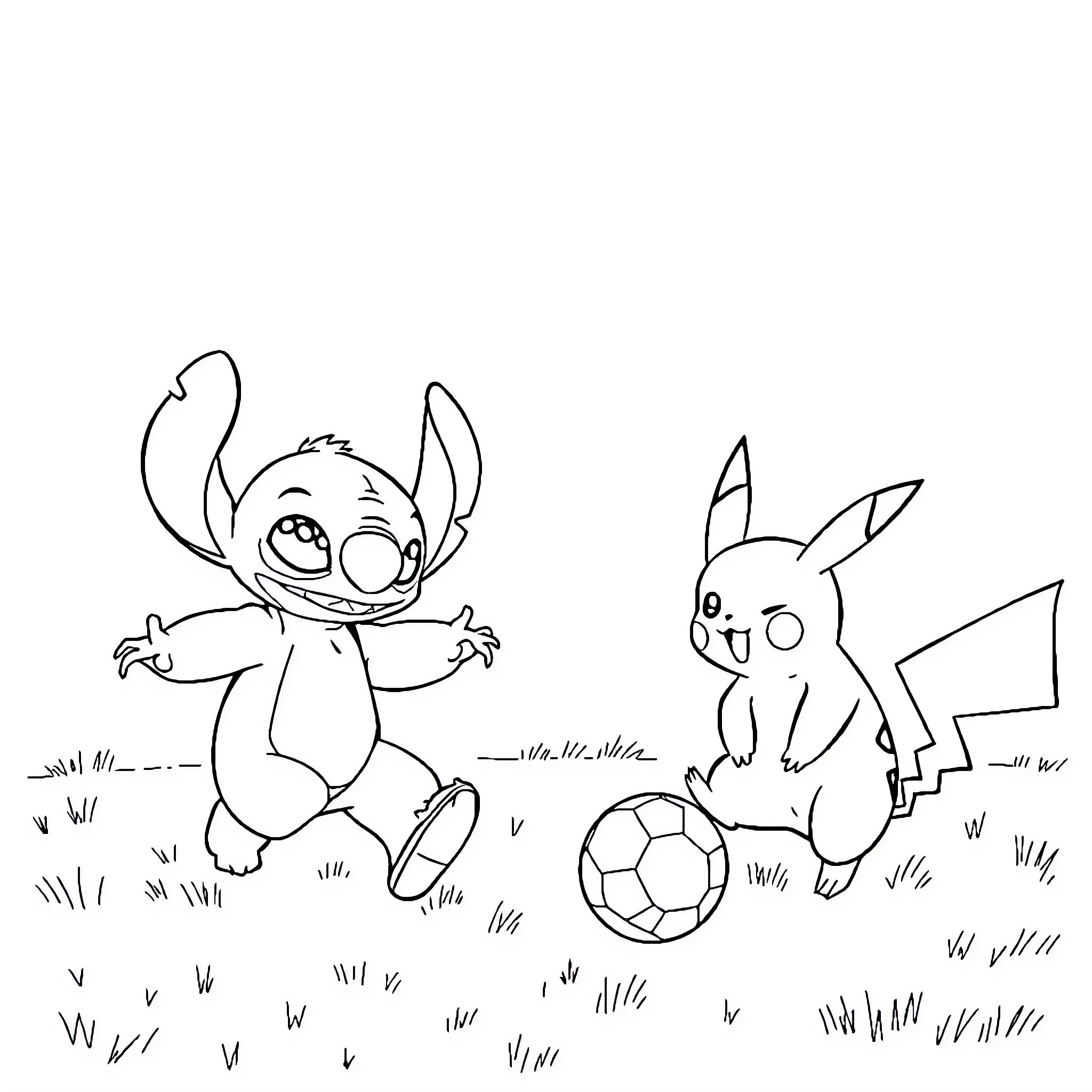 Stitch playing soccer with Pikachu on grassy field Coloring Page (free black-and-white line drawing printable PDF for all, from beginners to advanced learners, including children, teens, adults, and seniors)