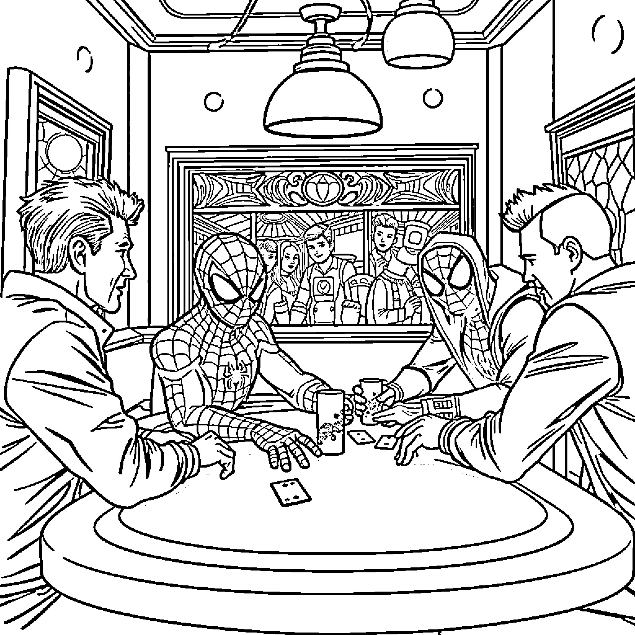 Spiderman interacting with friends in a lively setting Coloring Page (free black-and-white line drawing printable PDF for all, from beginners to advanced learners, including children, teens, adults, and seniors)