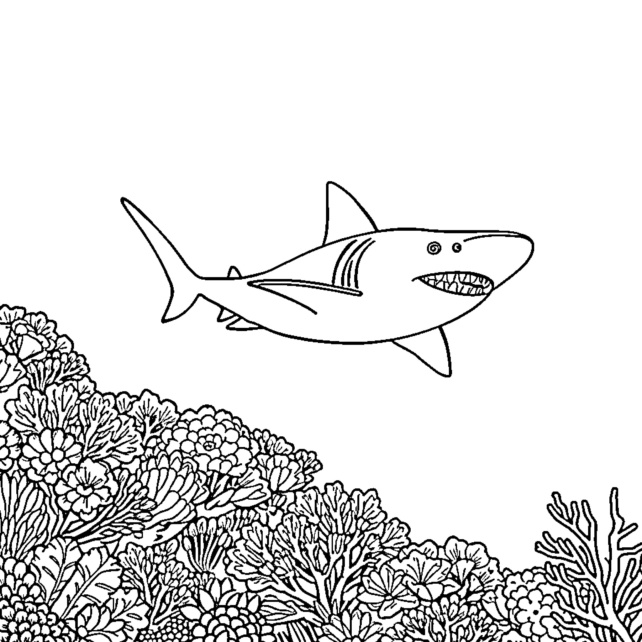 Lemon Shark swimming among coral reef Coloring Page (free black-and-white line drawing printable PDF for all, from beginners to advanced learners, including children, teens, adults, and seniors)