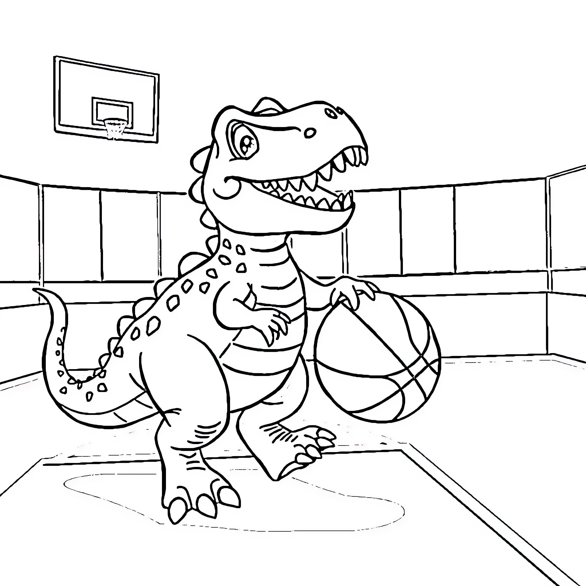 Dinosaur playing basketball in the gym Coloring Page (free black-and-white line drawing printable PDF for all, from beginners to advanced learners, including children, teens, adults, and seniors)