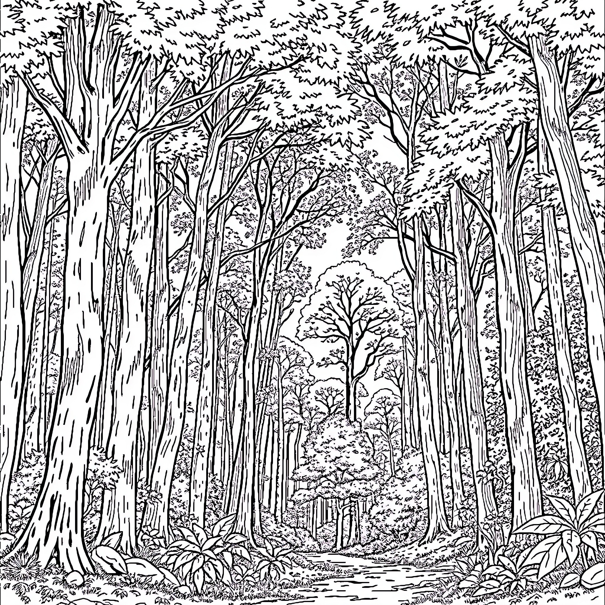 Forest path through dense woodland foliage Coloring Page (free black-and-white line drawing printable PDF for all, from beginners to advanced learners, including children, teens, adults, and seniors)