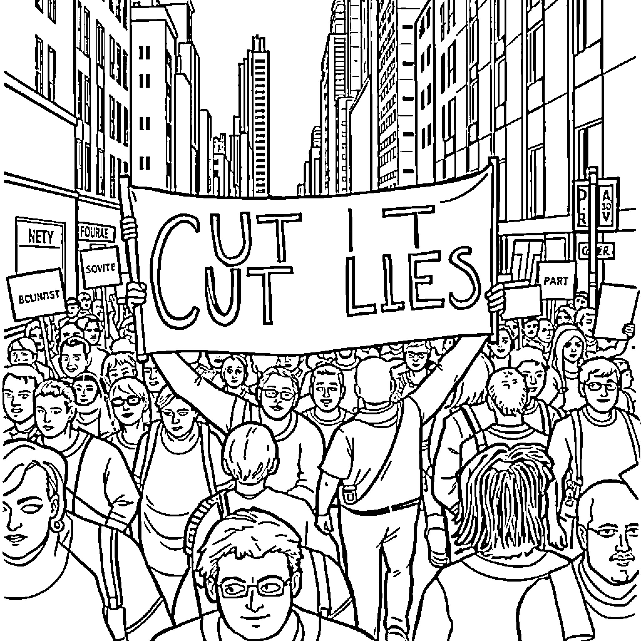 Person protesting with sign in crowded city street Coloring Page (free black-and-white line drawing printable PDF for all, from beginners to advanced learners, including children, teens, adults, and seniors)