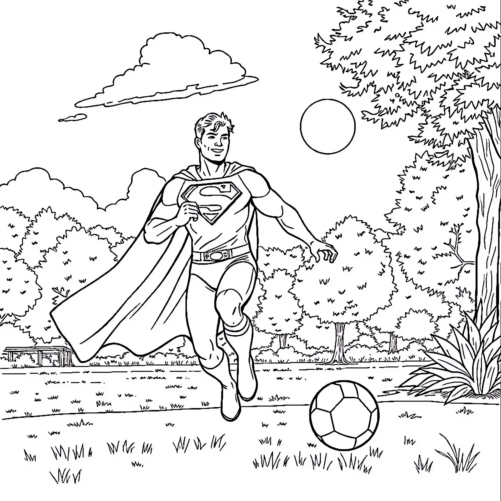 Superman playing with a soccer ball in the park Coloring Page (free black-and-white line drawing printable PDF for all, from beginners to advanced learners, including children, teens, adults, and seniors)