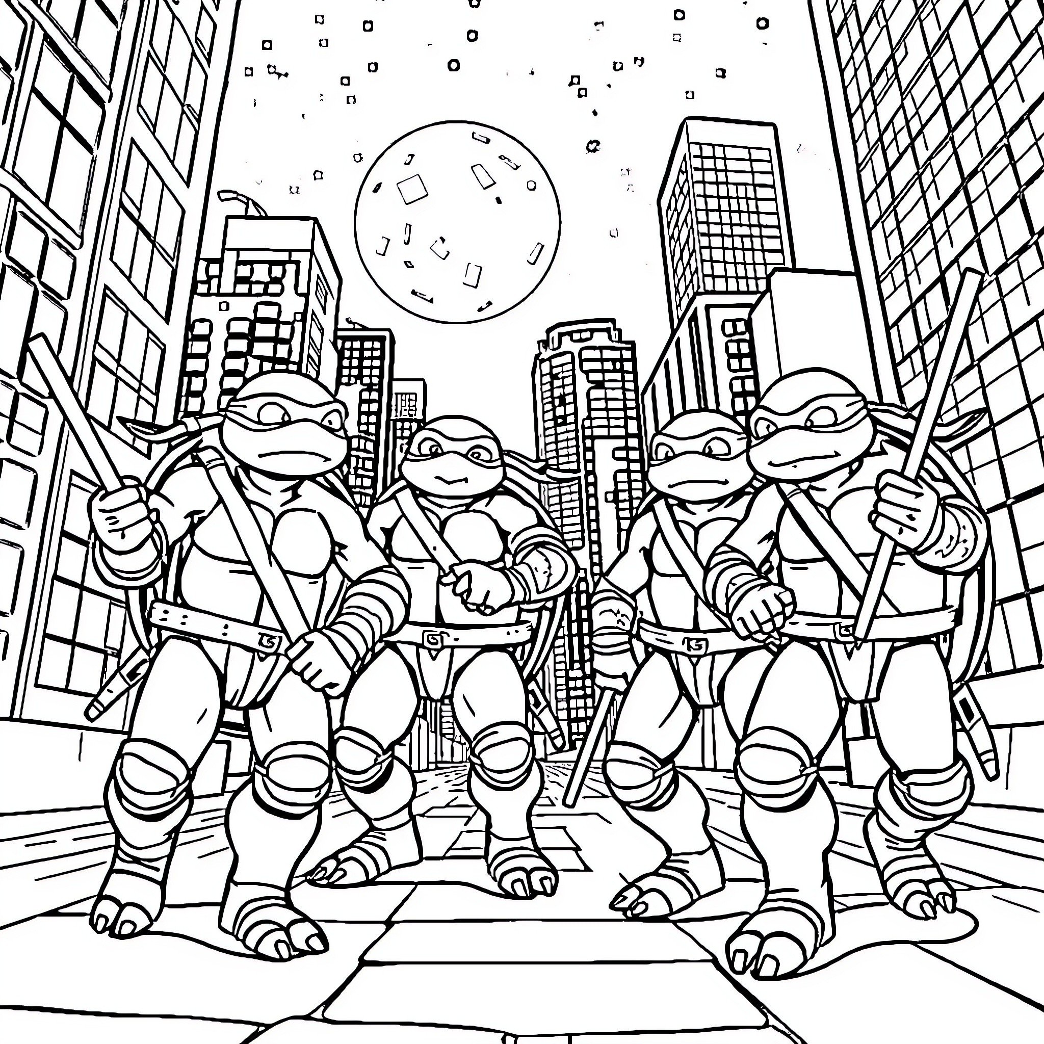 Ninja Turtles explore the bustling city streets Coloring Page (free black-and-white line drawing printable PDF for all, from beginners to advanced learners, including children, teens, adults, and seniors)