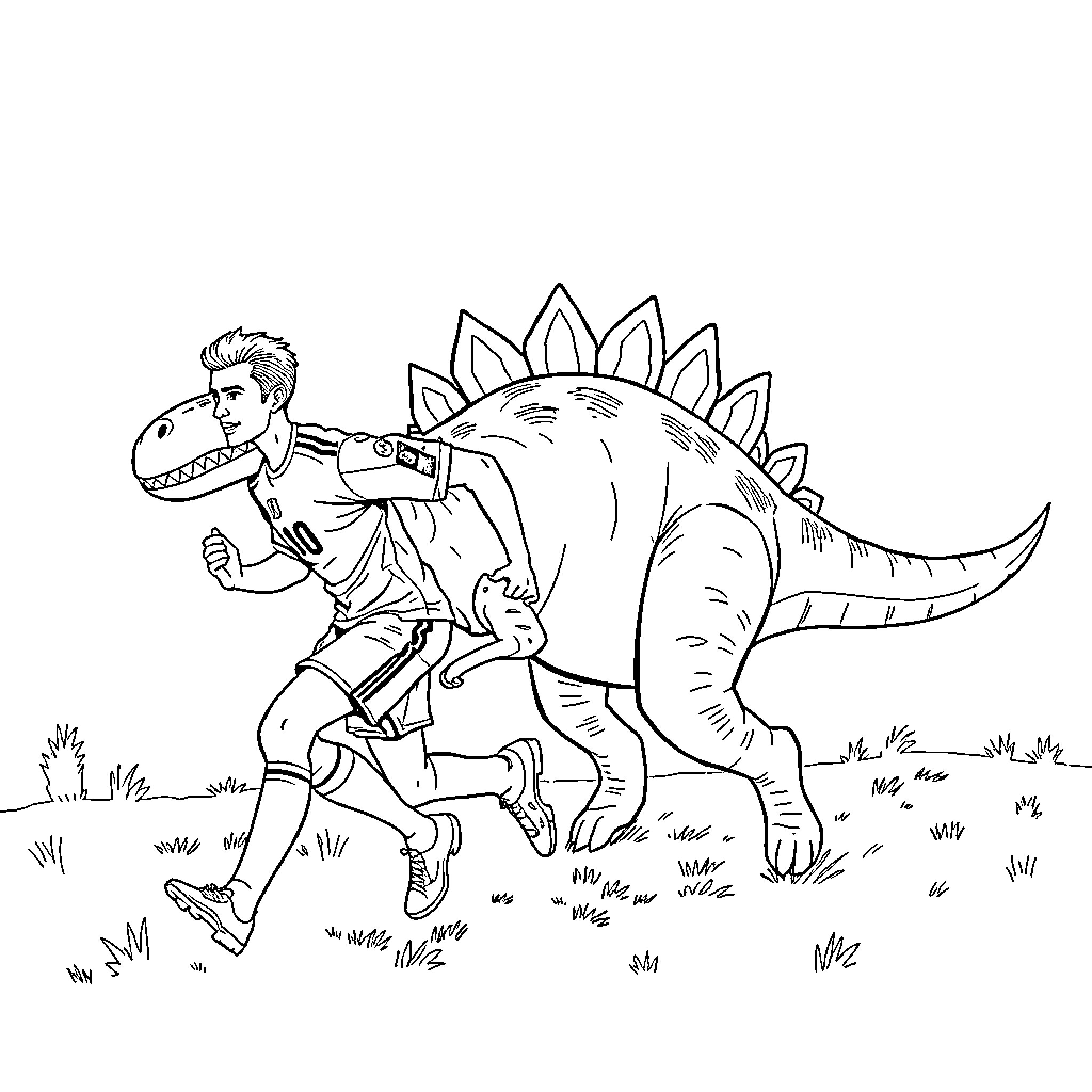 Ronaldo riding a playful dinosaur in the park Coloring Page (free black-and-white line drawing printable PDF for all, from beginners to advanced learners, including children, teens, adults, and seniors)