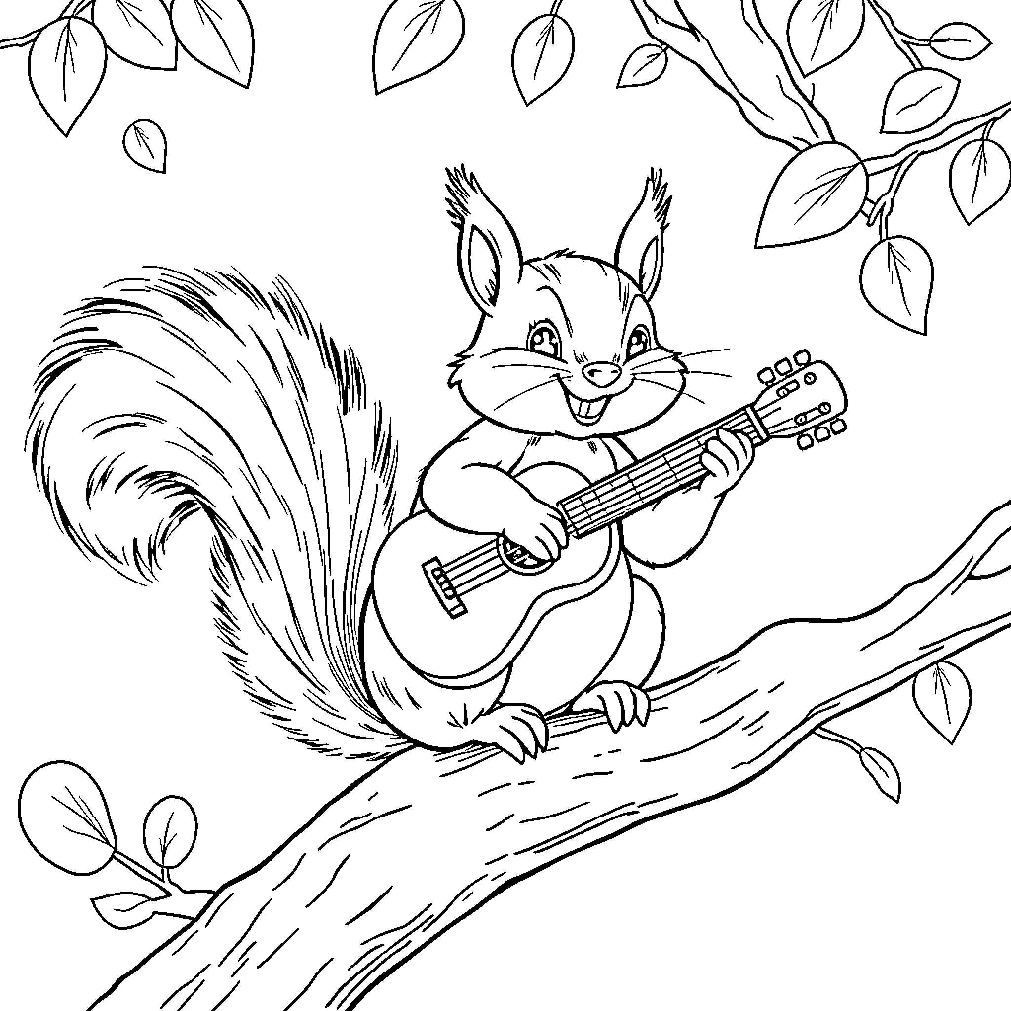 Squirrel playing guitar in the tree Coloring Page (free black-and-white line drawing printable PDF for all, from beginners to advanced learners, including children, teens, adults, and seniors)