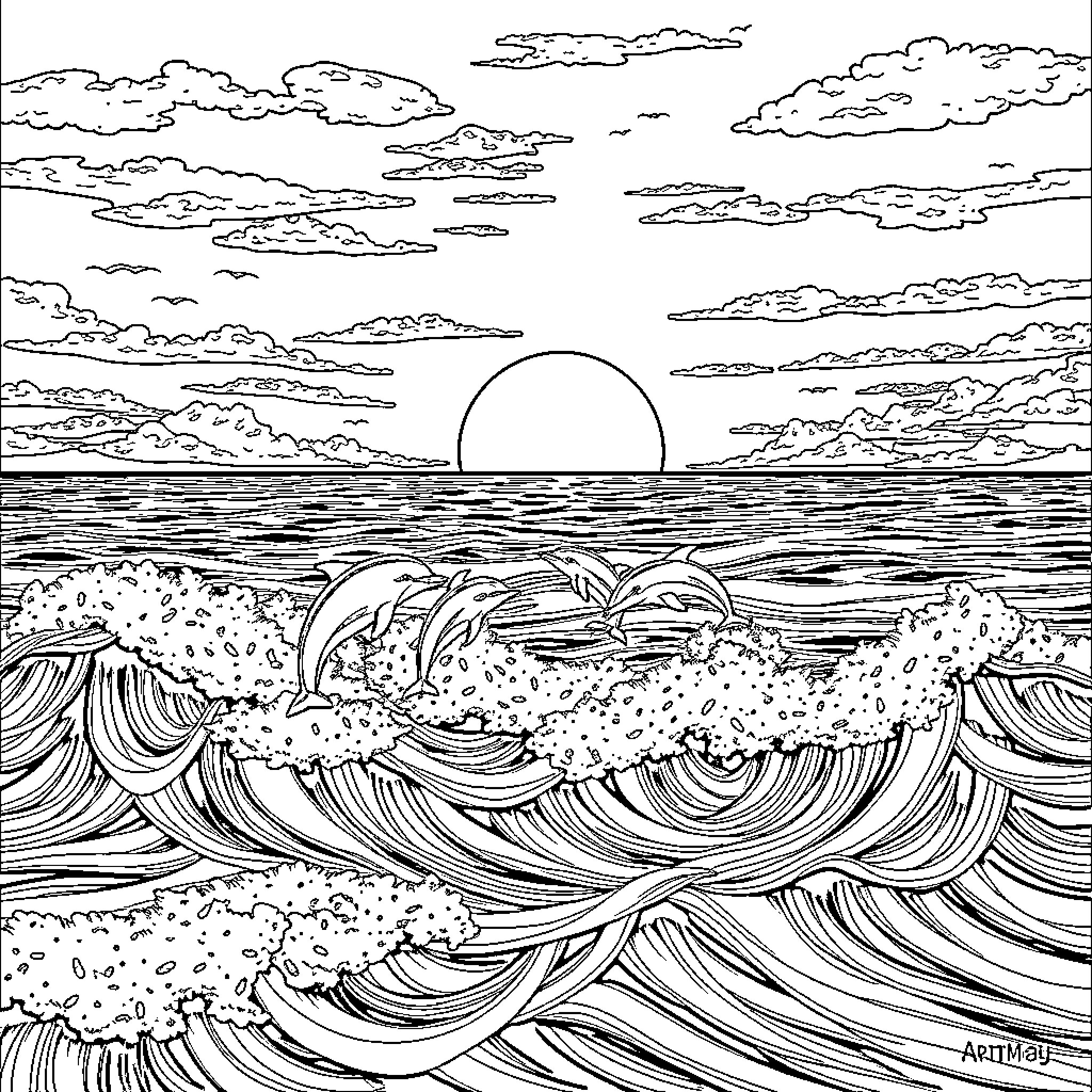 Dolphin leaping through ocean waves at sunset Coloring Page (free black-and-white line drawing printable PDF for all, from beginners to advanced learners, including children, teens, adults, and seniors)