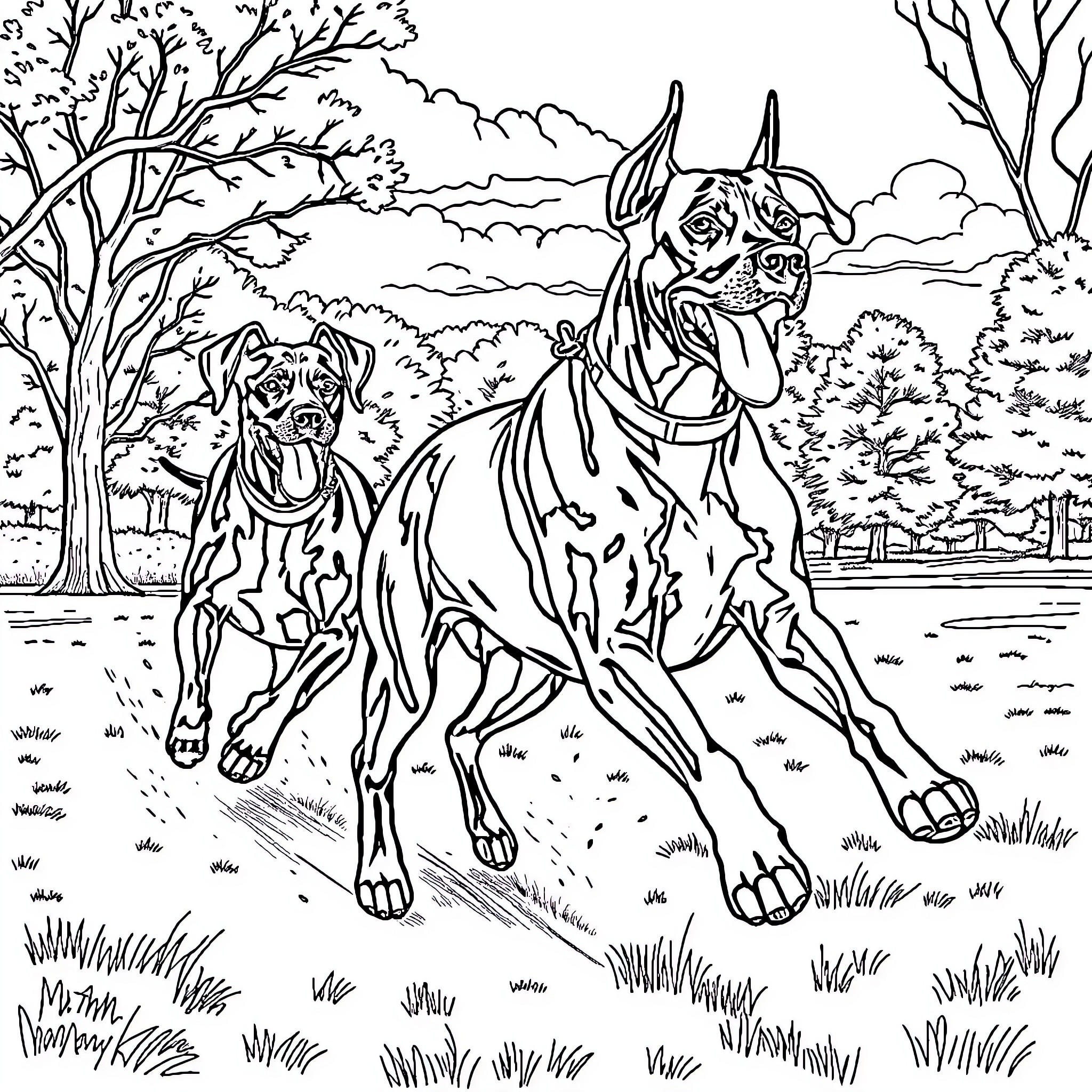 Great Dane dogs running in the park Coloring Page (free black-and-white line drawing printable PDF for all, from beginners to advanced learners, including children, teens, adults, and seniors)