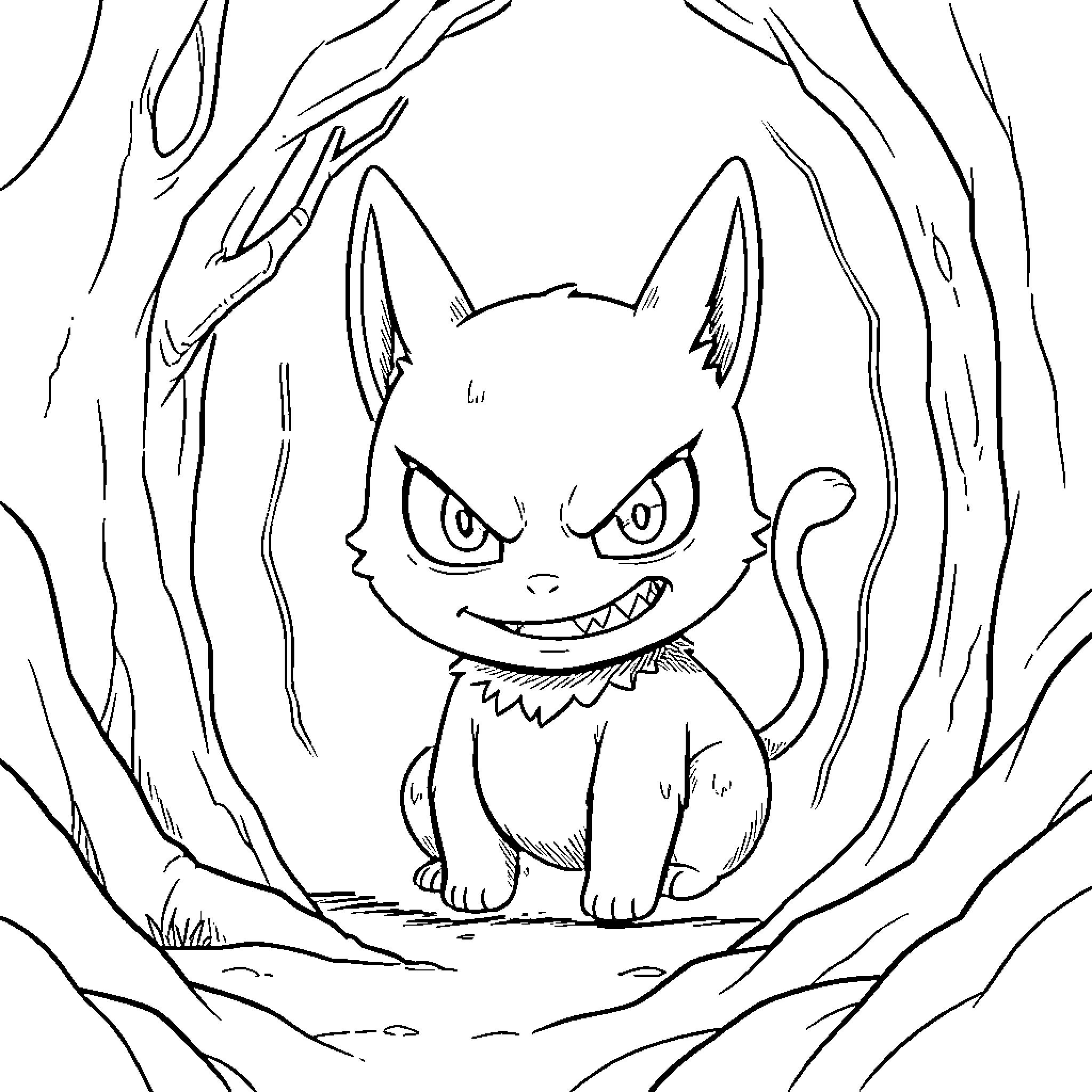 Labubu with a mischievous expression sitting in a forest Coloring Page (free black-and-white line drawing printable PDF for all, from beginners to advanced learners, including children, teens, adults, and seniors)