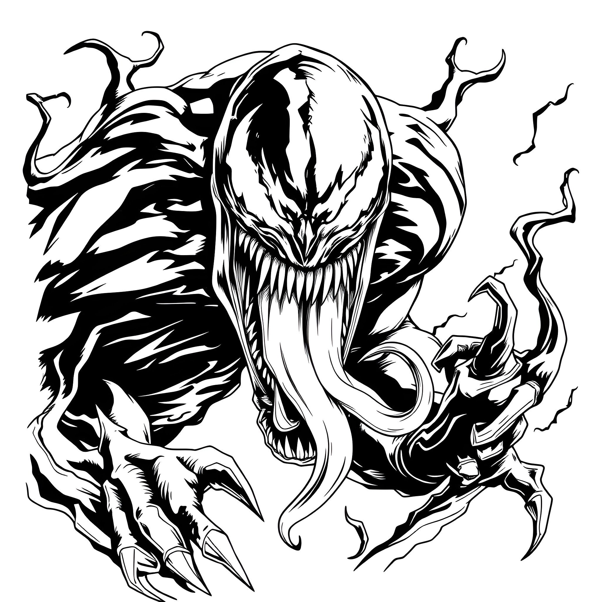 Venom's Fierce and Formidable Presence Coloring Page (free black-and-white line drawing printable PDF for all, from beginners to advanced learners, including children, teens, adults, and seniors)