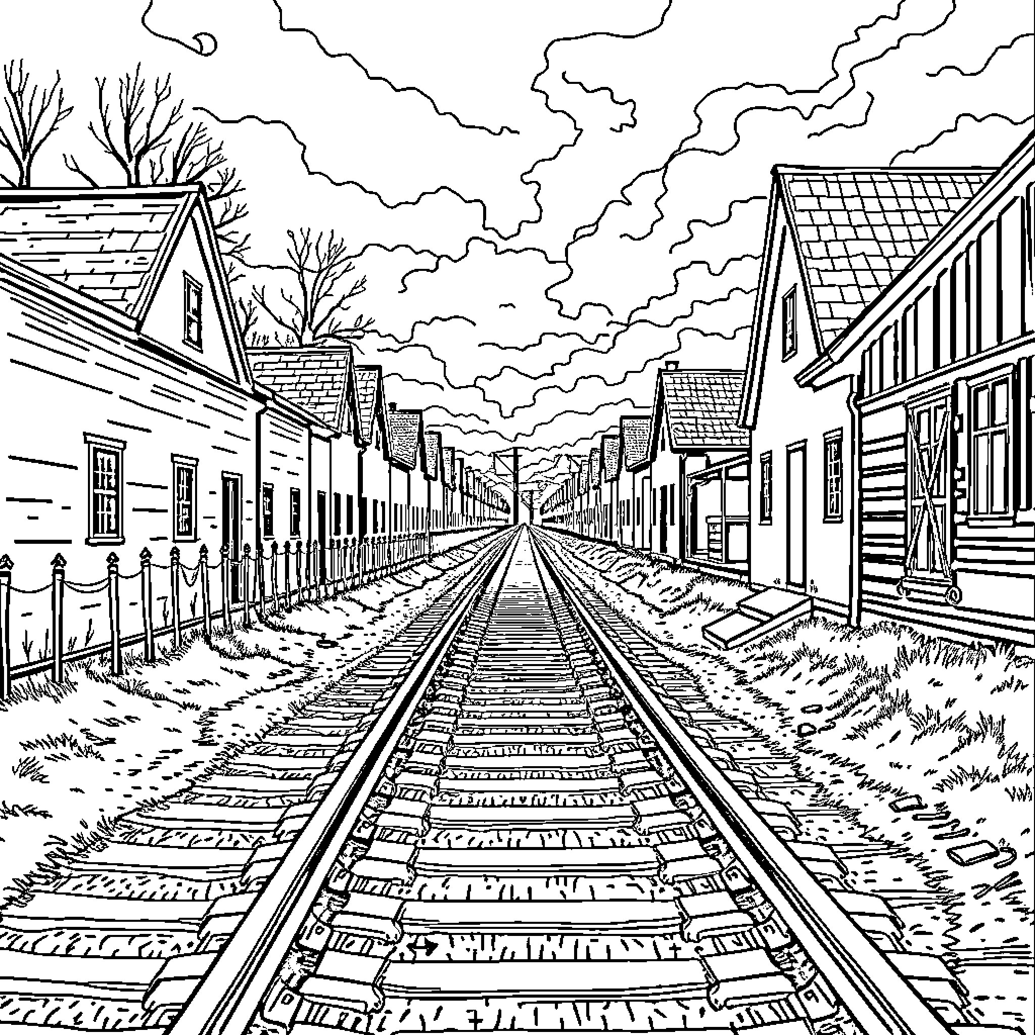 Train traveling through historic village Coloring Page (free black-and-white line drawing printable PDF for all, from beginners to advanced learners, including children, teens, adults, and seniors)
