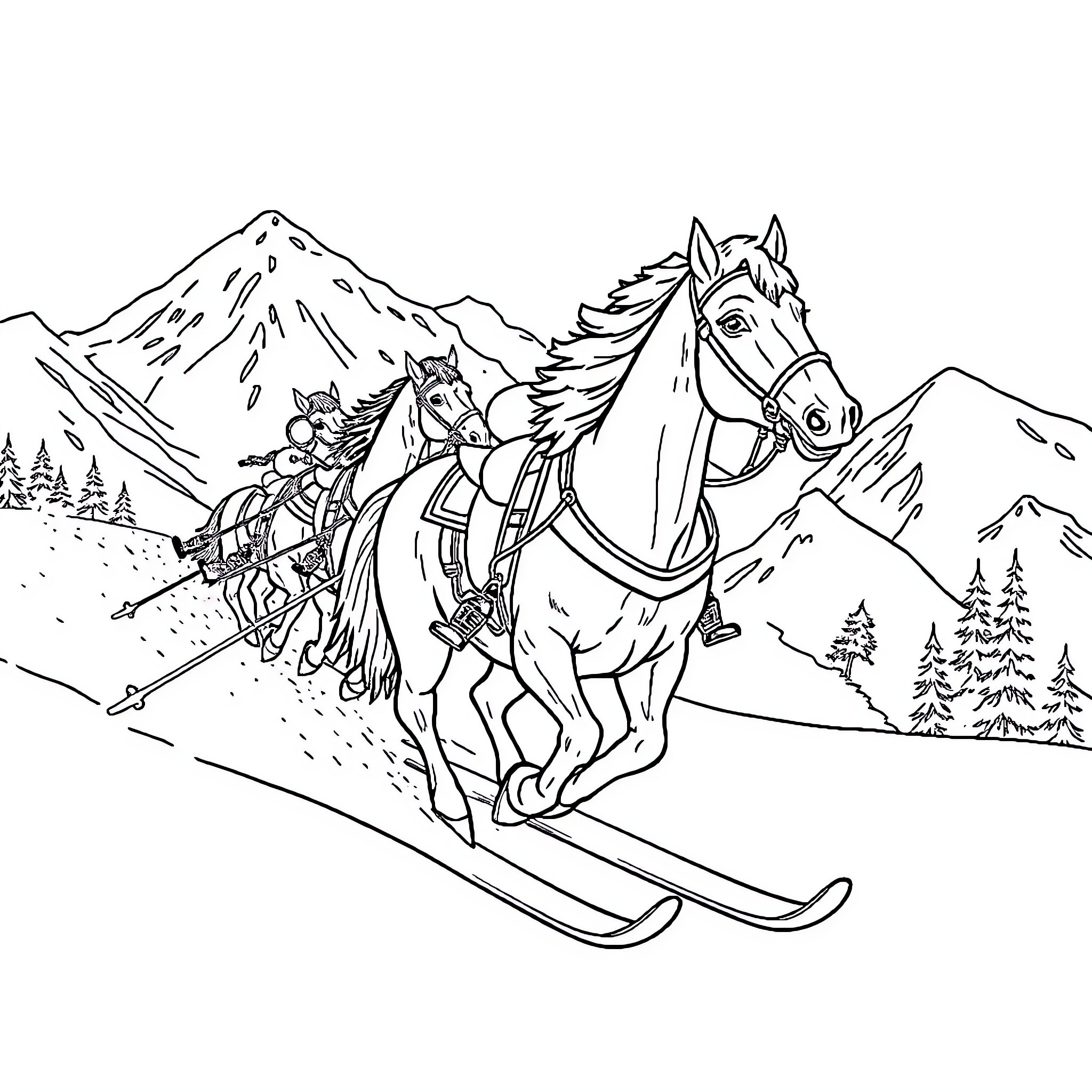 Horse pulling sled through snowy mountain landscape Coloring Page (free black-and-white line drawing printable PDF for all, from beginners to advanced learners, including children, teens, adults, and seniors)