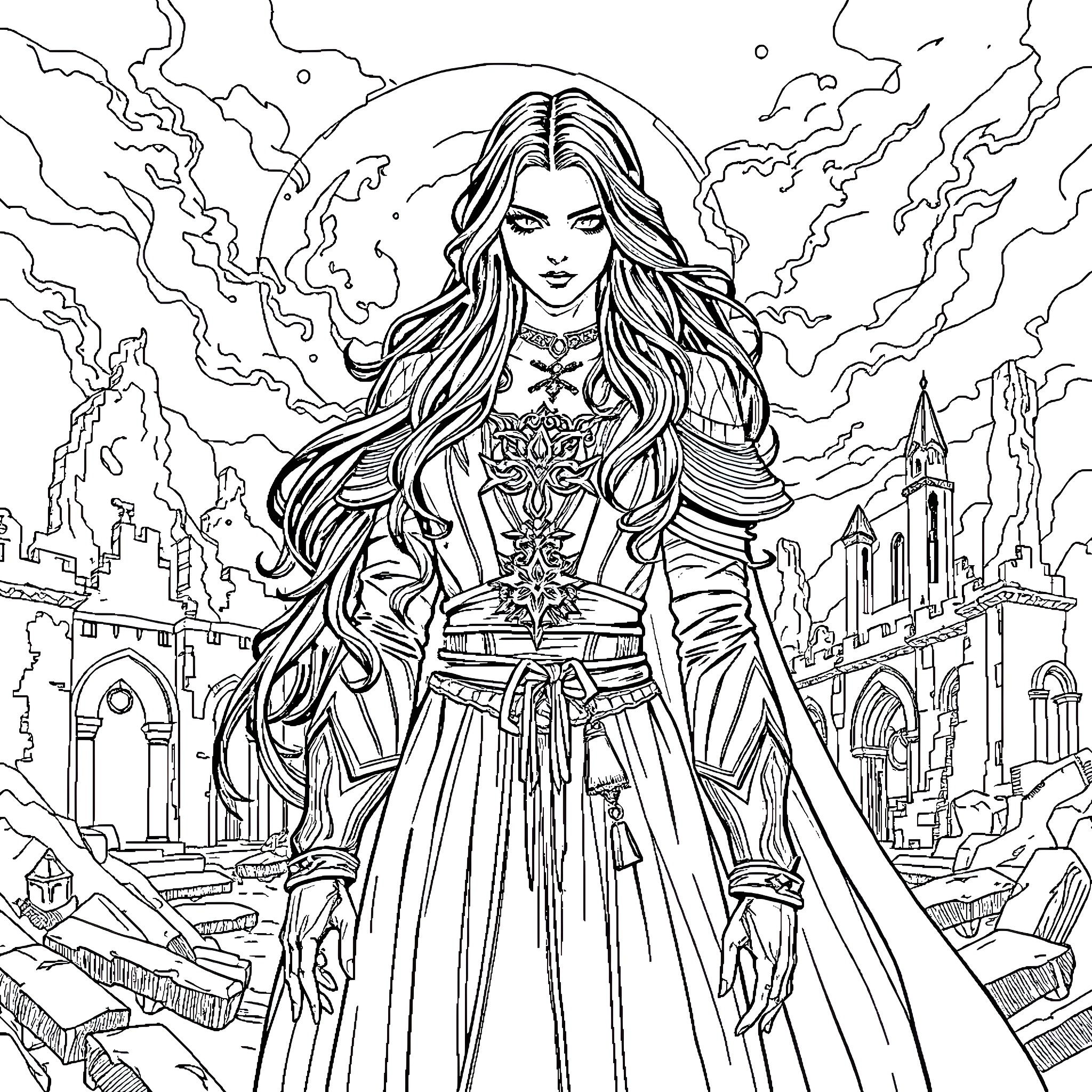 Yennefer commanding power amidst a fantastical city Coloring Page (free black-and-white line drawing printable PDF for all, from beginners to advanced learners, including children, teens, adults, and seniors)