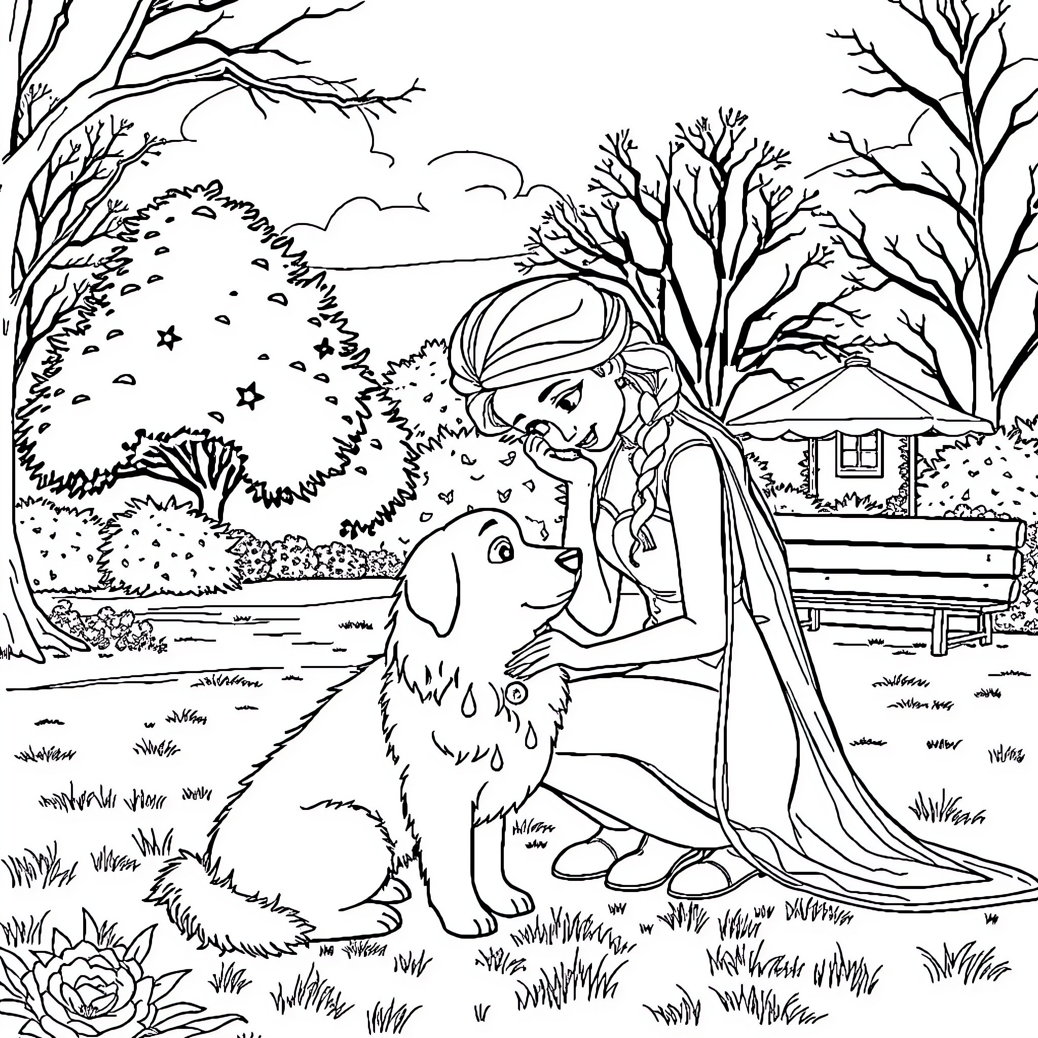 Elsa's Enchanting Nature Walk with Loyal Companion Coloring Page (free black-and-white line drawing printable PDF for all, from beginners to advanced learners, including children, teens, adults, and seniors)