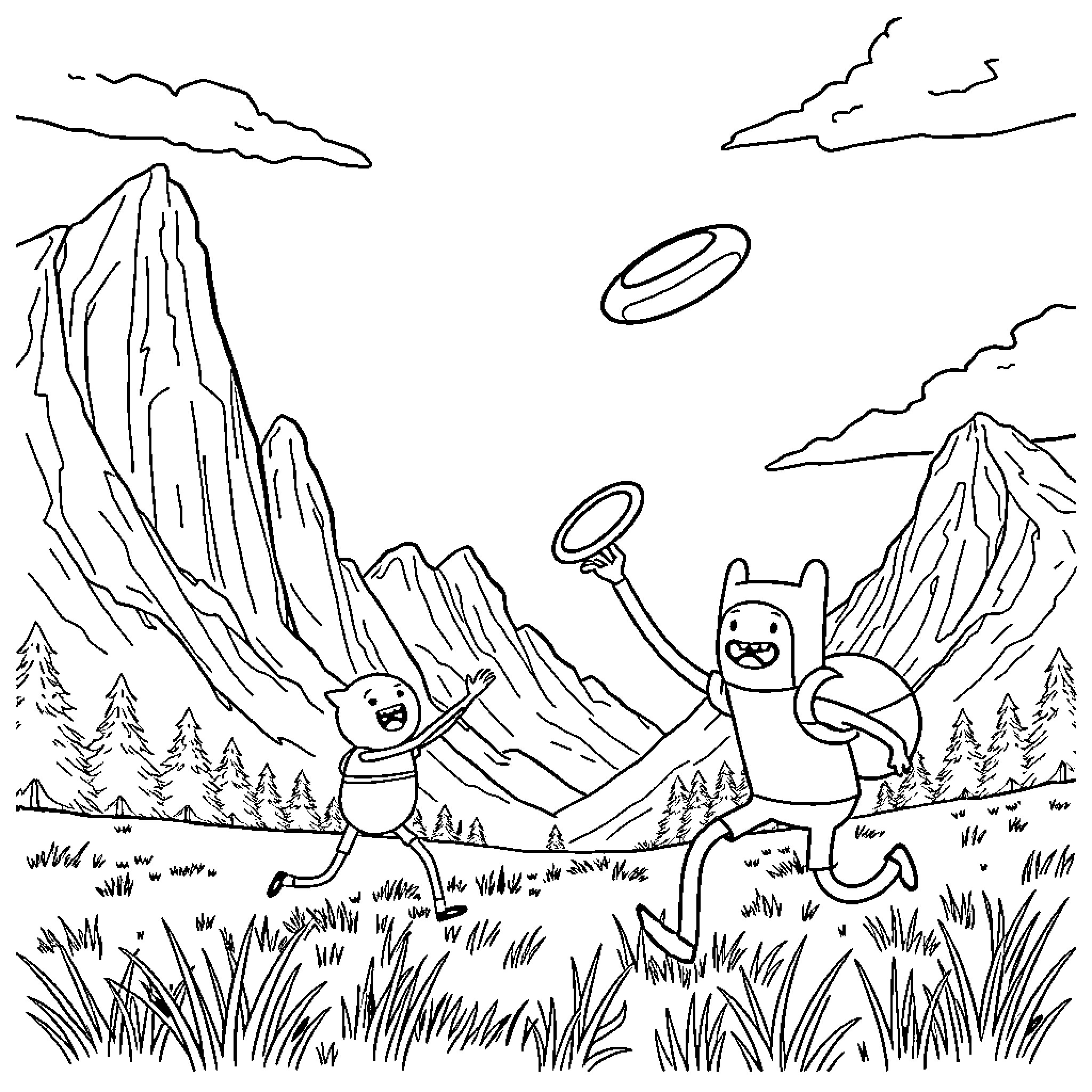 Jake and Finn play in the magical mountain landscape Coloring Page (free black-and-white line drawing printable PDF for all, from beginners to advanced learners, including children, teens, adults, and seniors)