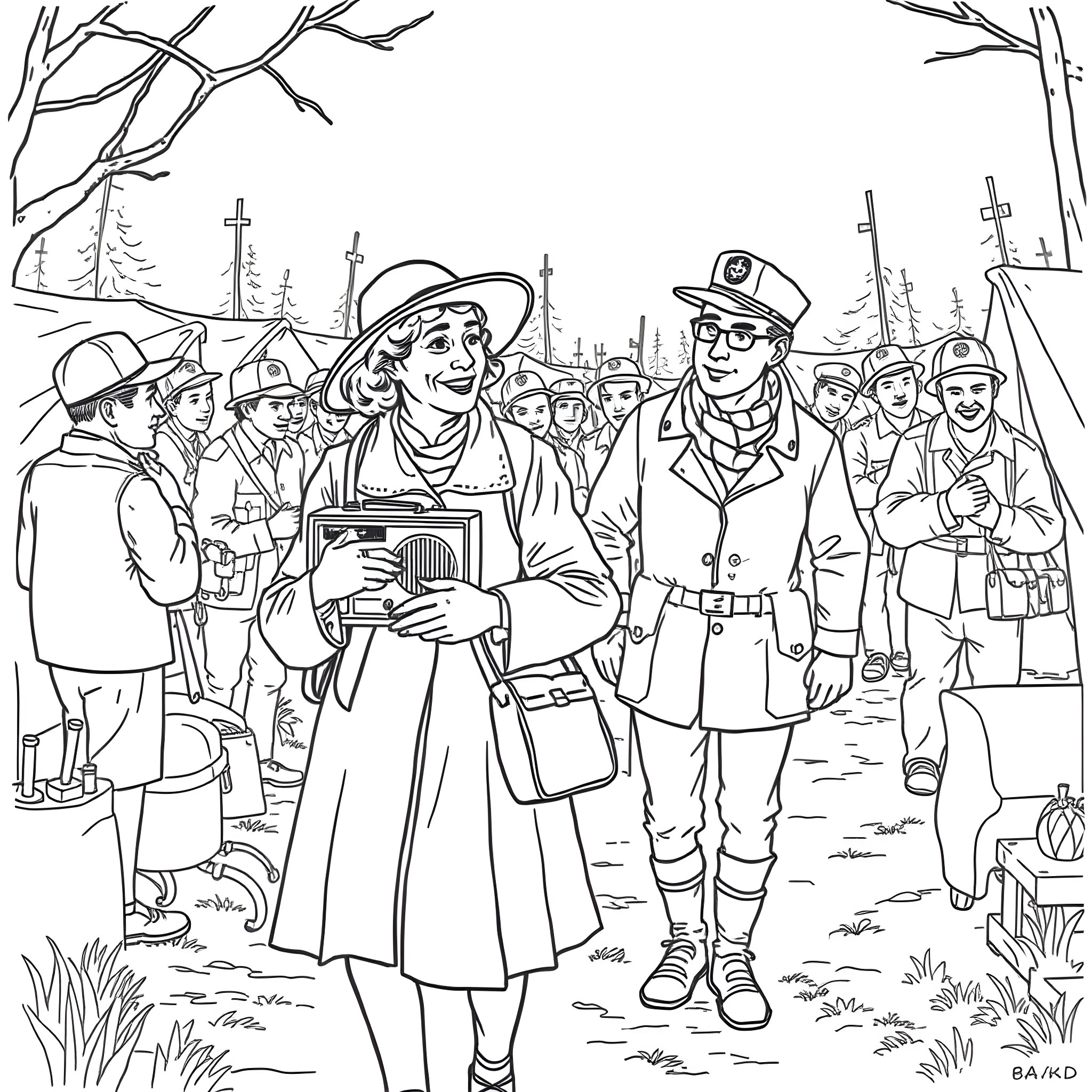 Radio Broadcasting in the Outdoors Coloring Page (free black-and-white line drawing printable PDF for all, from beginners to advanced learners, including children, teens, adults, and seniors)