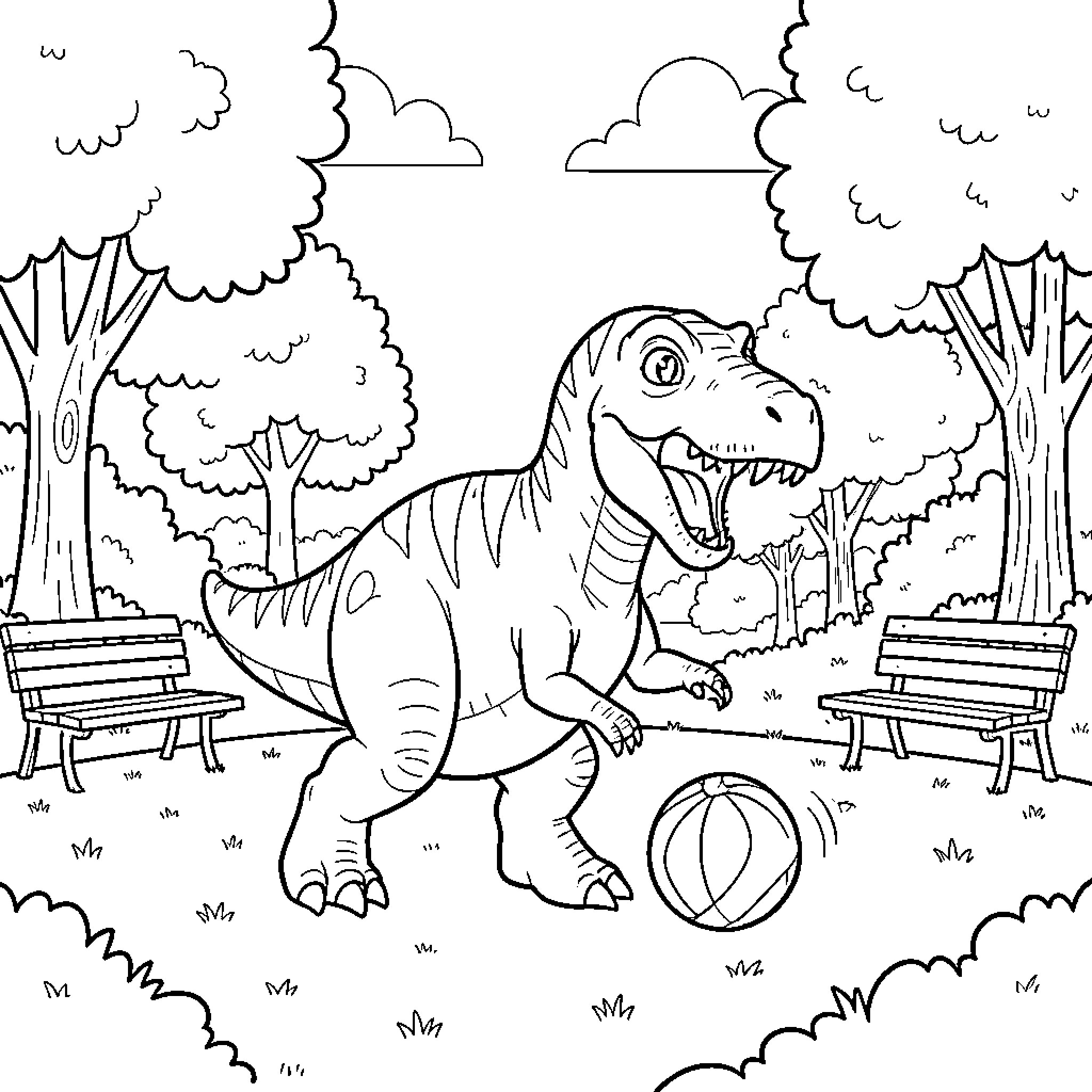 Dinosaur playing joyfully with a ball in the park Coloring Page (free black-and-white line drawing printable PDF for all, from beginners to advanced learners, including children, teens, adults, and seniors)