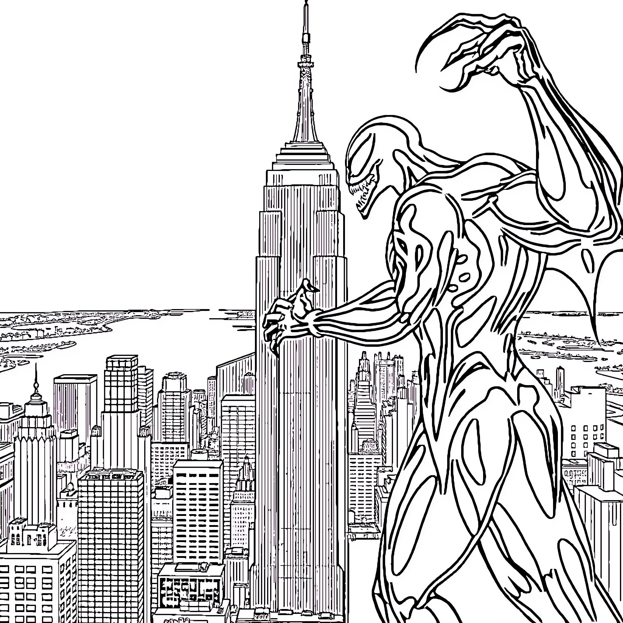 Venom Spreads Terror Over New York City Skyline Coloring Page (free black-and-white line drawing printable PDF for all, from beginners to advanced learners, including children, teens, adults, and seniors)