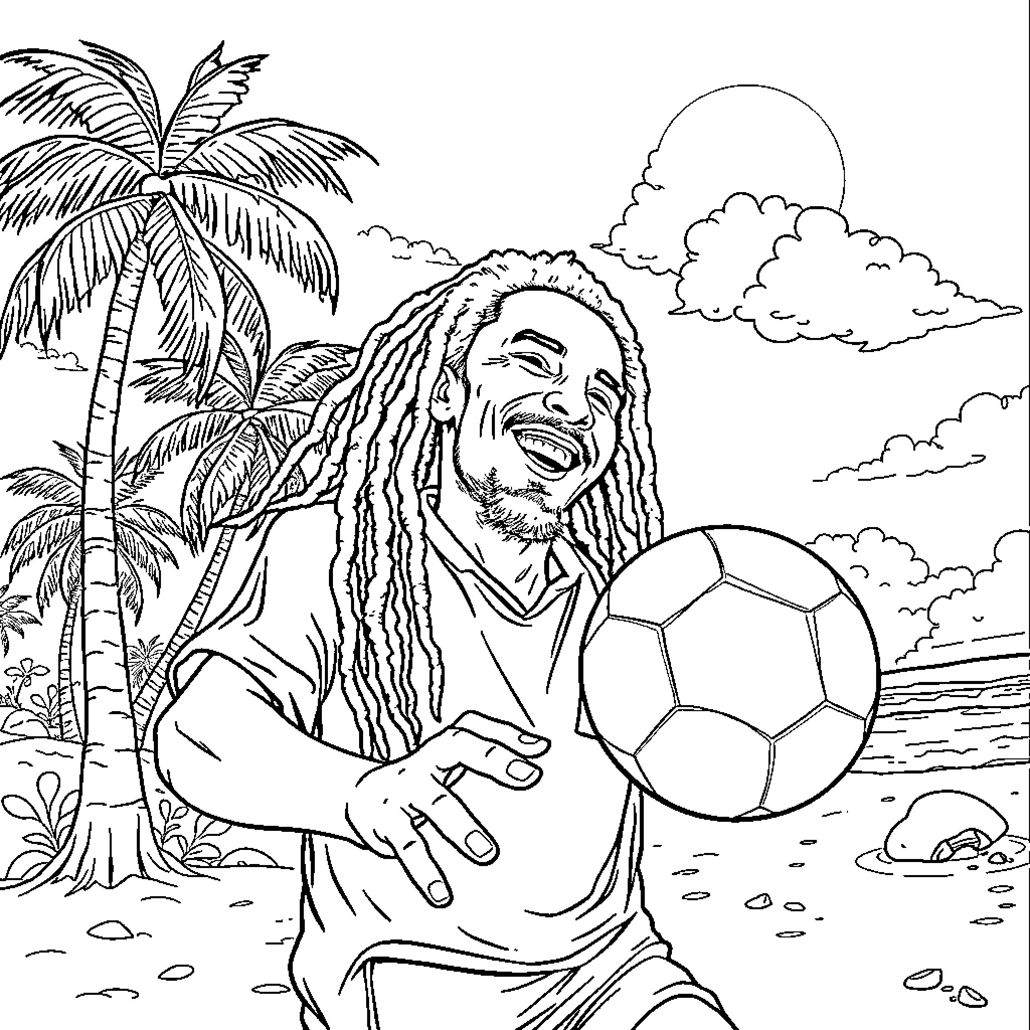 Bob Marley enjoying soccer on a tropical beach Coloring Page (free black-and-white line drawing printable PDF for all, from beginners to advanced learners, including children, teens, adults, and seniors)